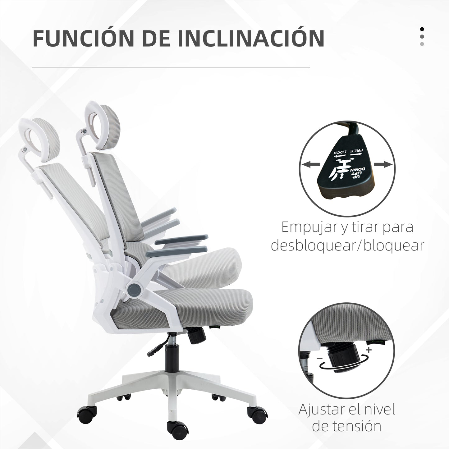 Vinsetto Silla de Oficina de Malla con Función de Basculante Silla de Escritorio Giratorio Altura Reposacabezas Ajustable y Reposabrazos Carga 120 kg para Estudio 58x61x102-119 cm Gris