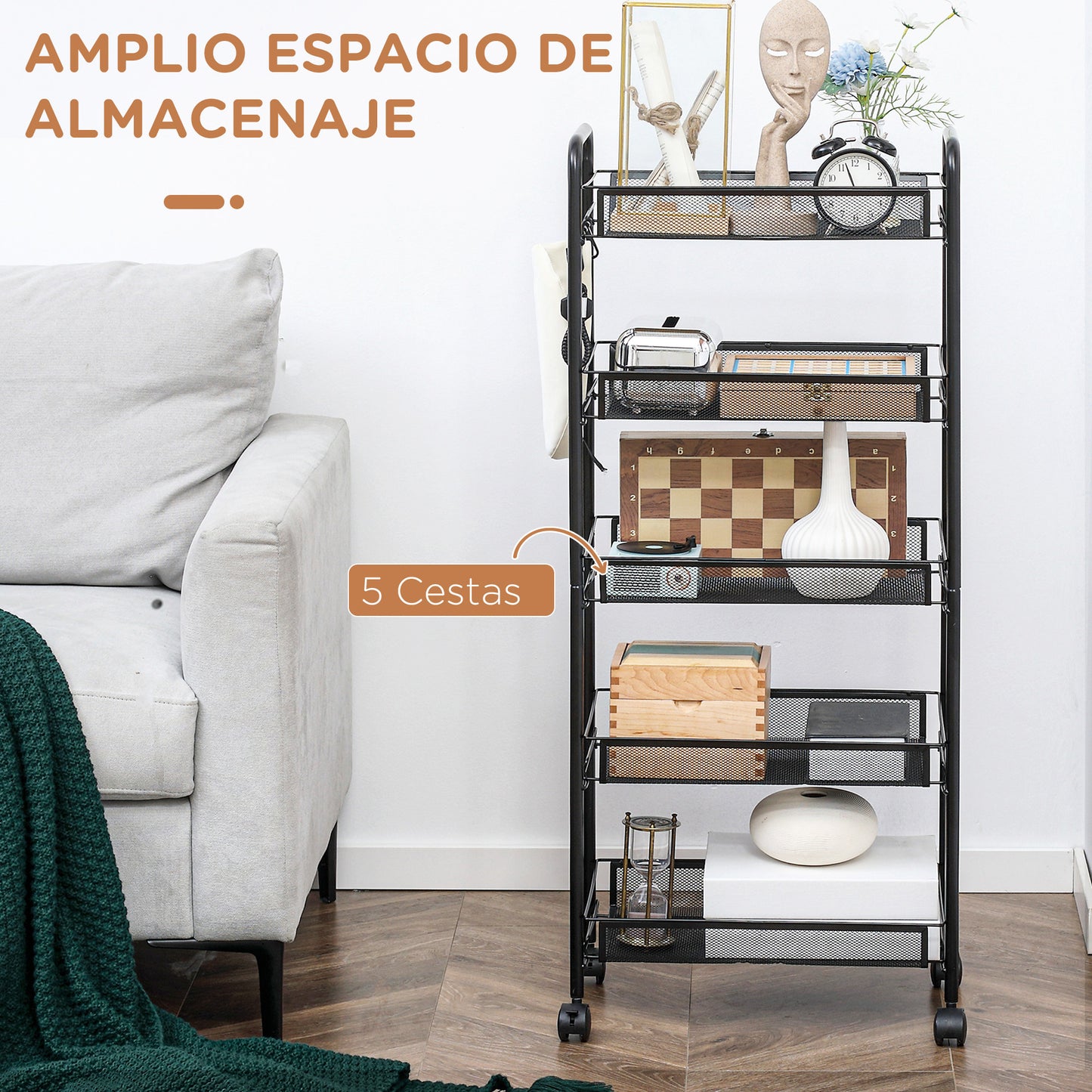 HOMCOM Carrito Auxiliar con Ruedas Carrito de Cocina de 5 Niveles con Cestas de Malla Extraíbles y Marco de Acero para Salón Baño Comedor Oficina 45x26,5x106 cm Negro