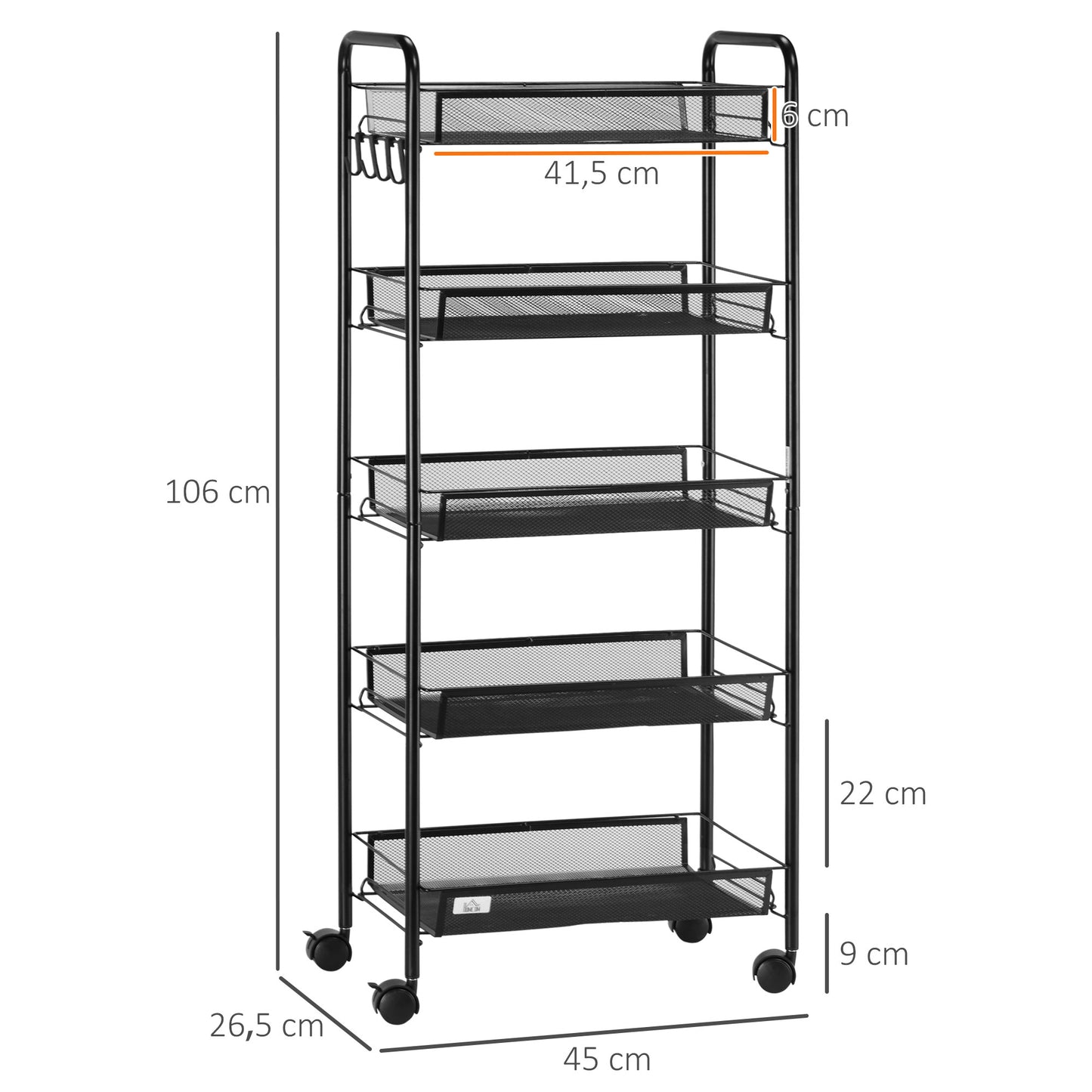 HOMCOM Carrito Auxiliar con Ruedas Carrito de Cocina de 5 Niveles con Cestas de Malla Extraíbles y Marco de Acero para Salón Baño Comedor Oficina 45x26,5x106 cm Negro