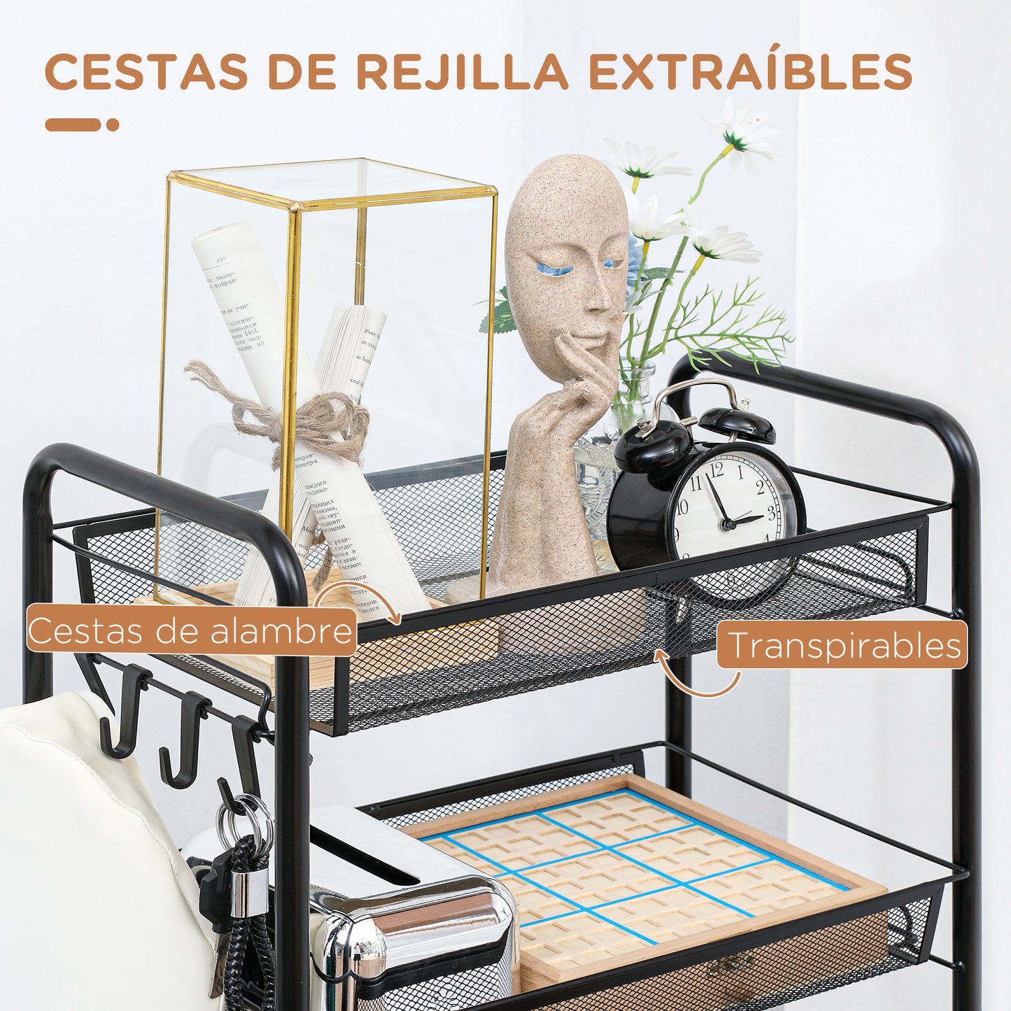 HOMCOM Carrito Auxiliar con Ruedas Carrito de Cocina de 5 Niveles con Cestas de Malla Extraíbles y Marco de Acero para Salón Baño Comedor Oficina 45x26,5x106 cm Negro