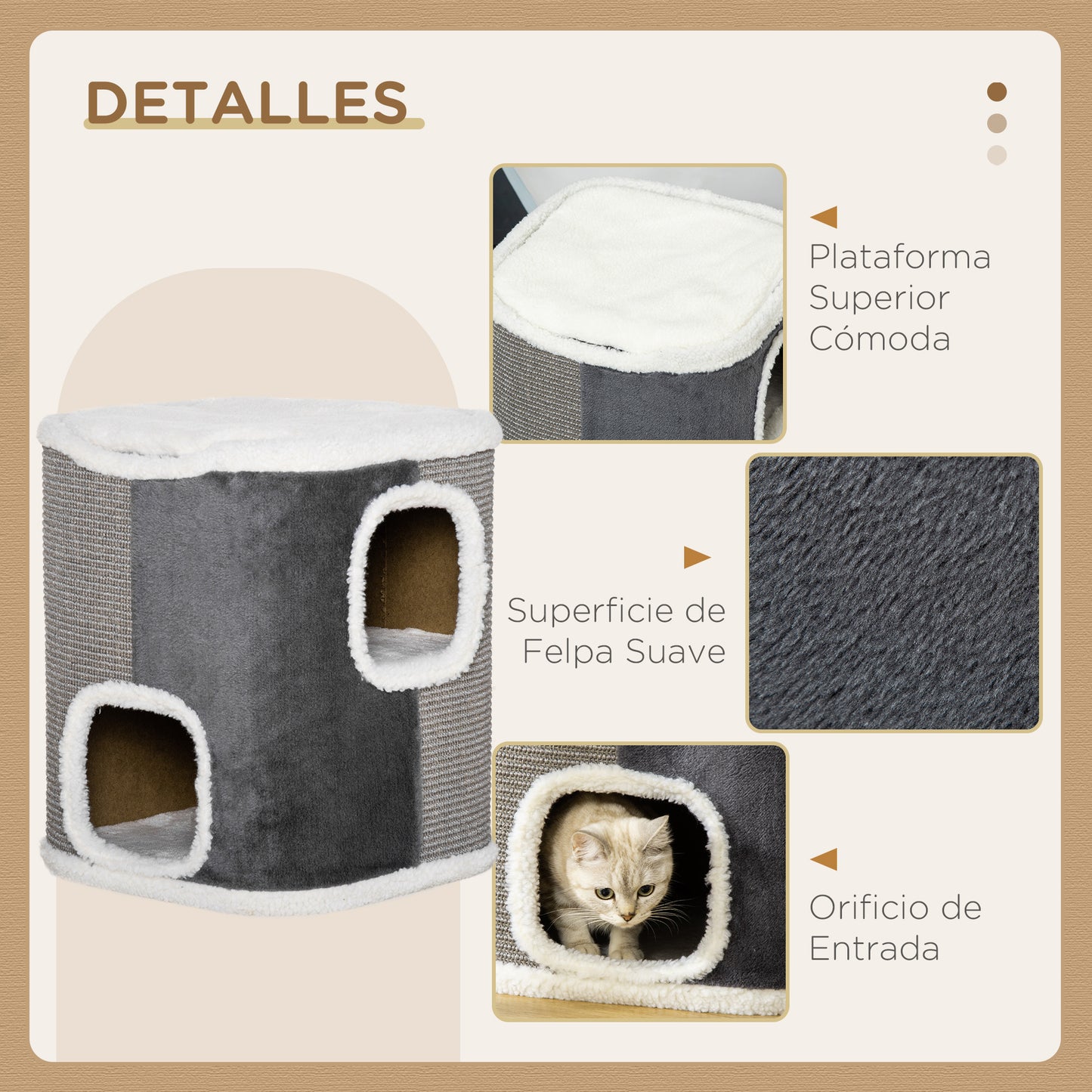 PawHut Barril Rascador para Gatos de 2 Niveles con Cuevas de Sisal Felpa Suave y Plataforma de Vellón 40x40x49 cm Gris