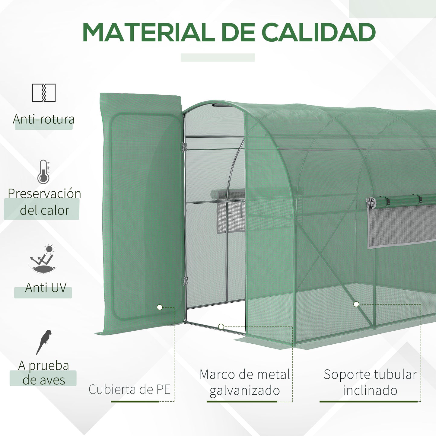 Outsunny Invernadero de Túnel 3x2x2 m con Puerta y Ventanas Función de Drenaje Invernadero de Jardín Grande con Cubierta de PE 140 g/㎡ y Metal Galvanizado para Cultivos Plantas Verduras Verde