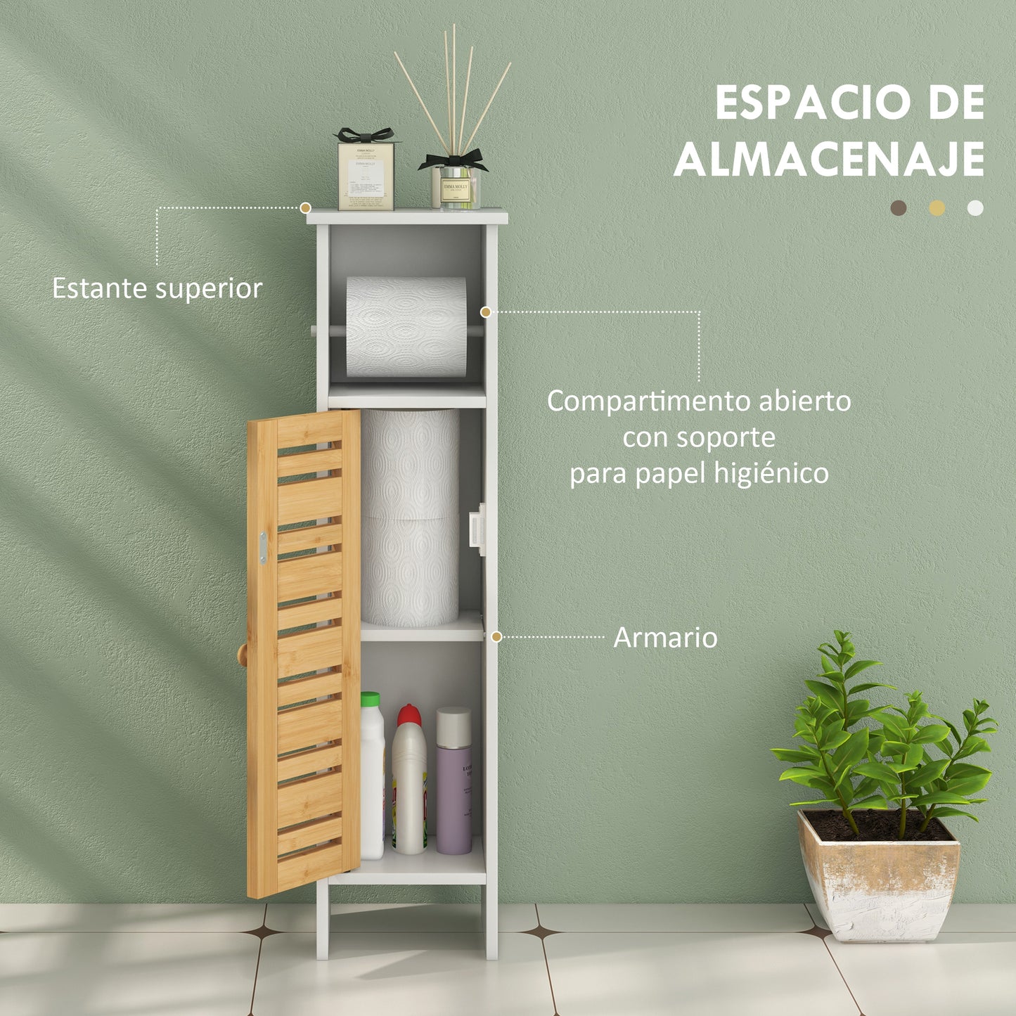 HOMCOM Columna de Baño Moderna Mueble Auxiliar de Baño con Portarrollos de Papel Estantes Ajustable y Puerta de Bambú Anti-vuelco 21x17x78 cm Blanco y Natural