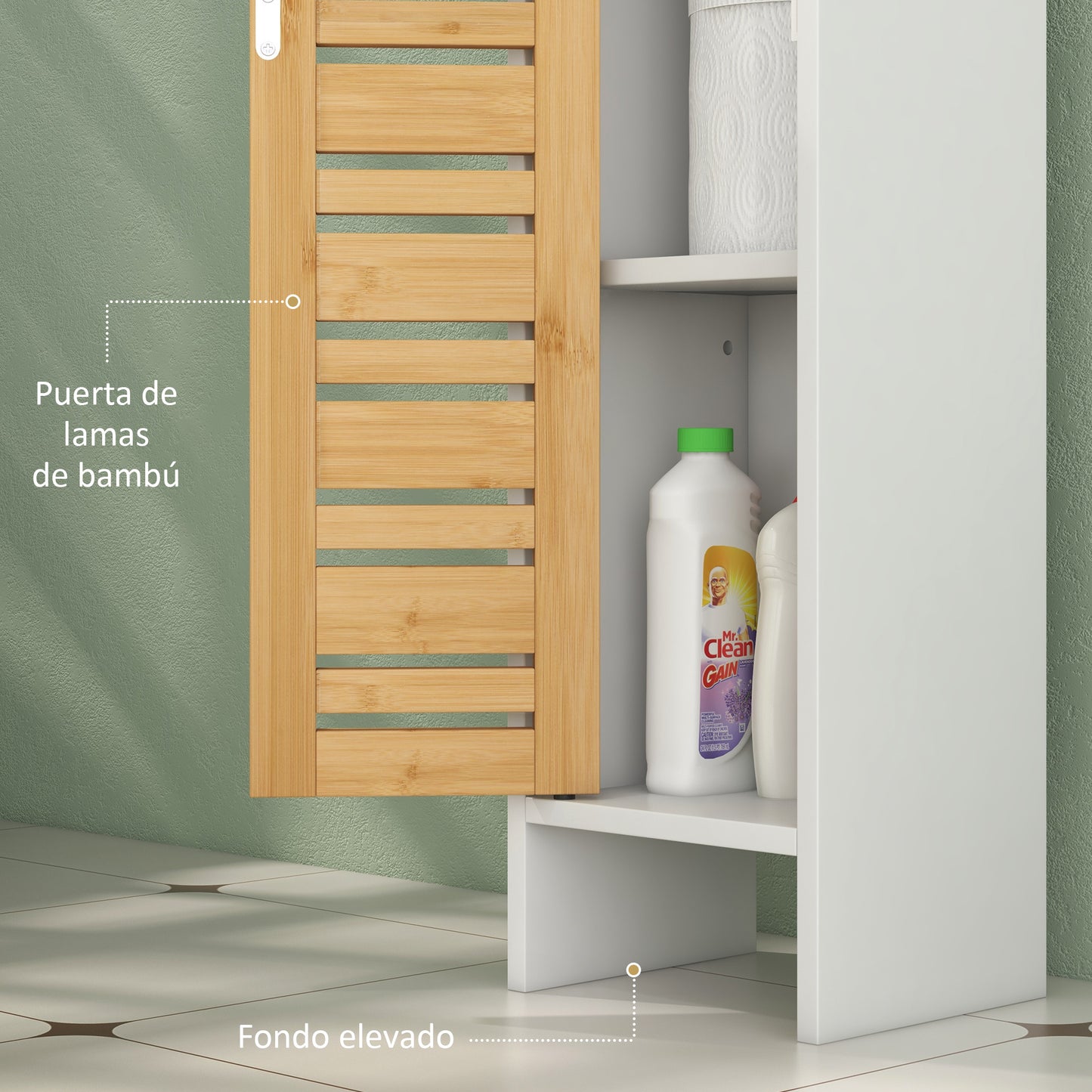 HOMCOM Columna de Baño Moderna Mueble Auxiliar de Baño con Portarrollos de Papel Estantes Ajustable y Puerta de Bambú Anti-vuelco 21x17x78 cm Blanco y Natural