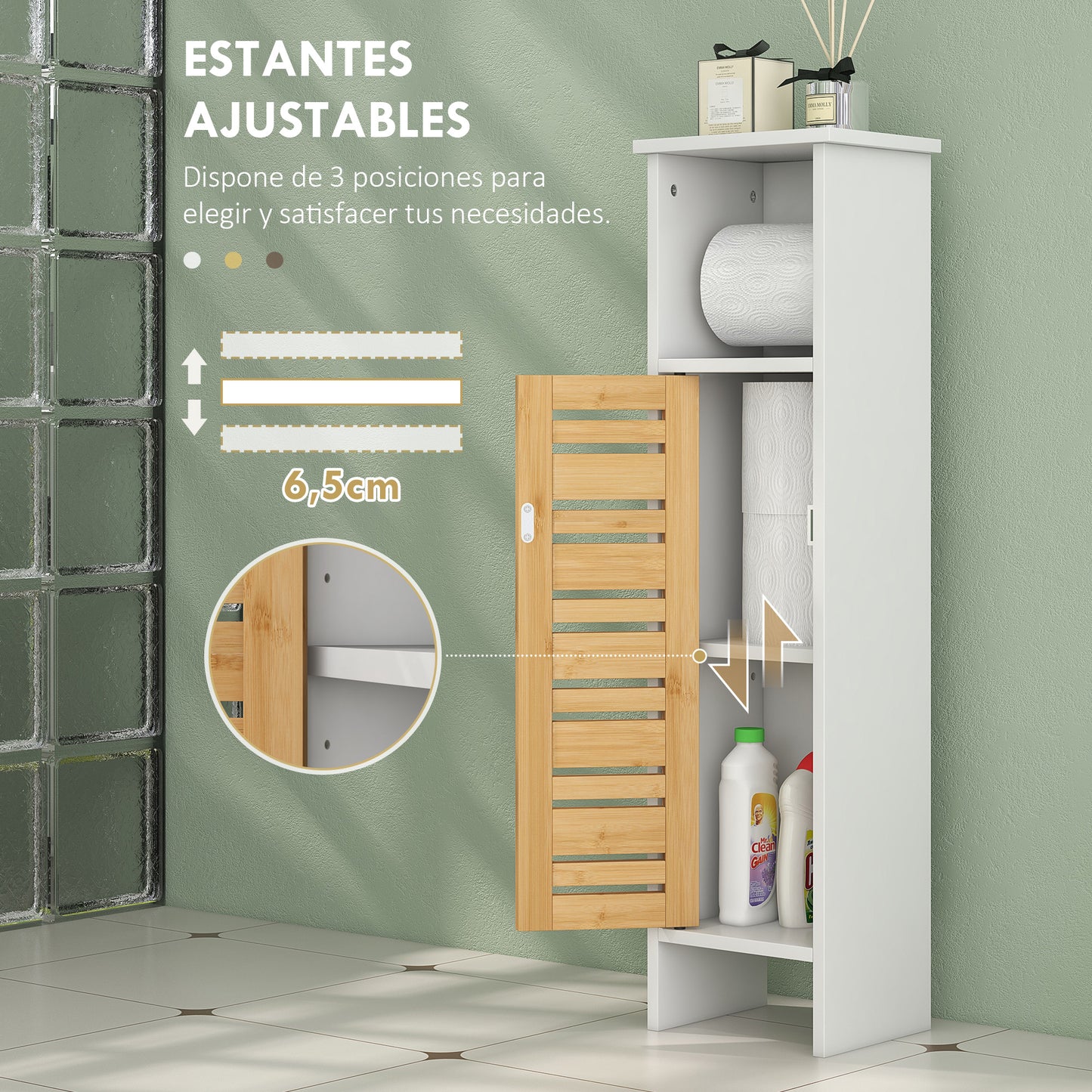 HOMCOM Columna de Baño Moderna Mueble Auxiliar de Baño con Portarrollos de Papel Estantes Ajustable y Puerta de Bambú Anti-vuelco 21x17x78 cm Blanco y Natural