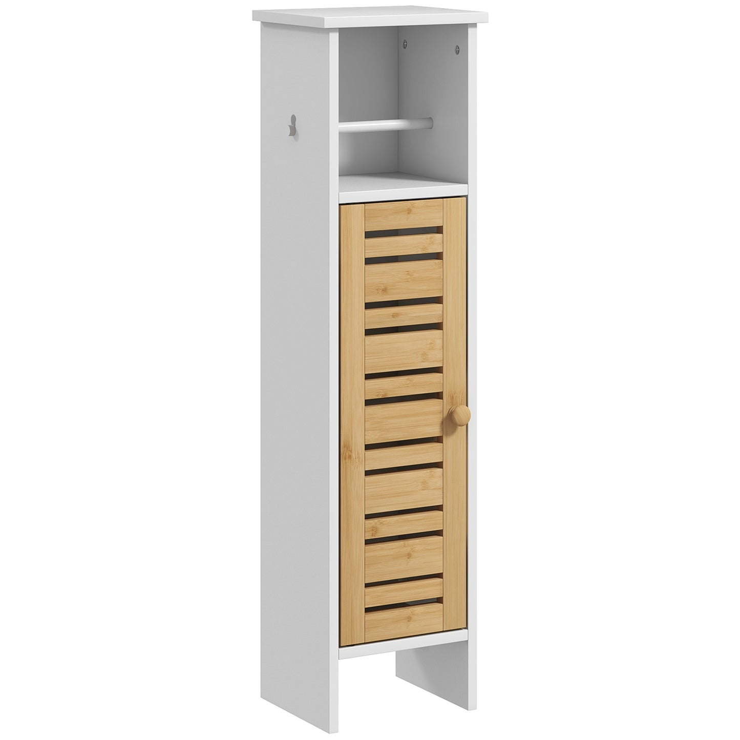 HOMCOM Columna de Baño Moderna Mueble Auxiliar de Baño con Portarrollos de Papel Estantes Ajustable y Puerta de Bambú Anti-vuelco 21x17x78 cm Blanco y Natural