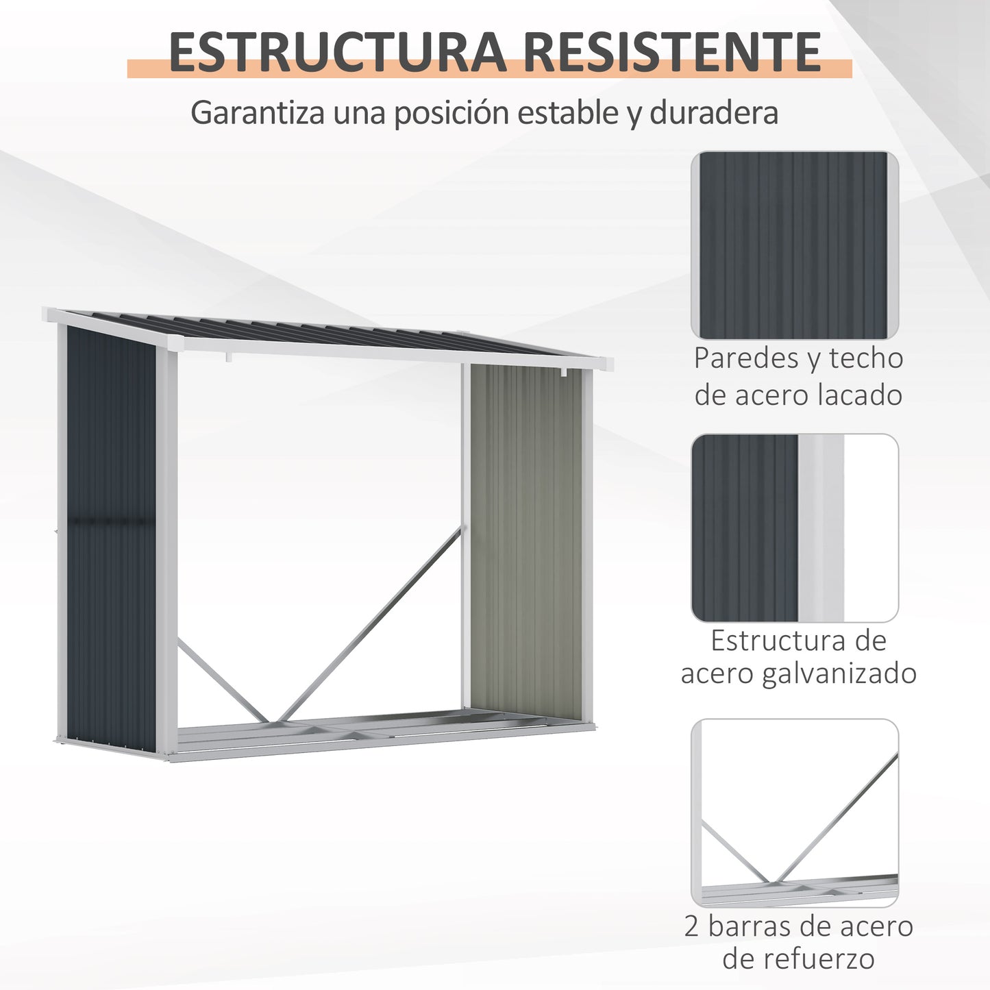 Outsunny Casetilla para Leña Acero Galvanizado Cobertizo Leñero de Almacenamiento de Troncos con Techo Inclinado para Jardín Terraza Exterior 185x84x133,5/148,5 cm Gris