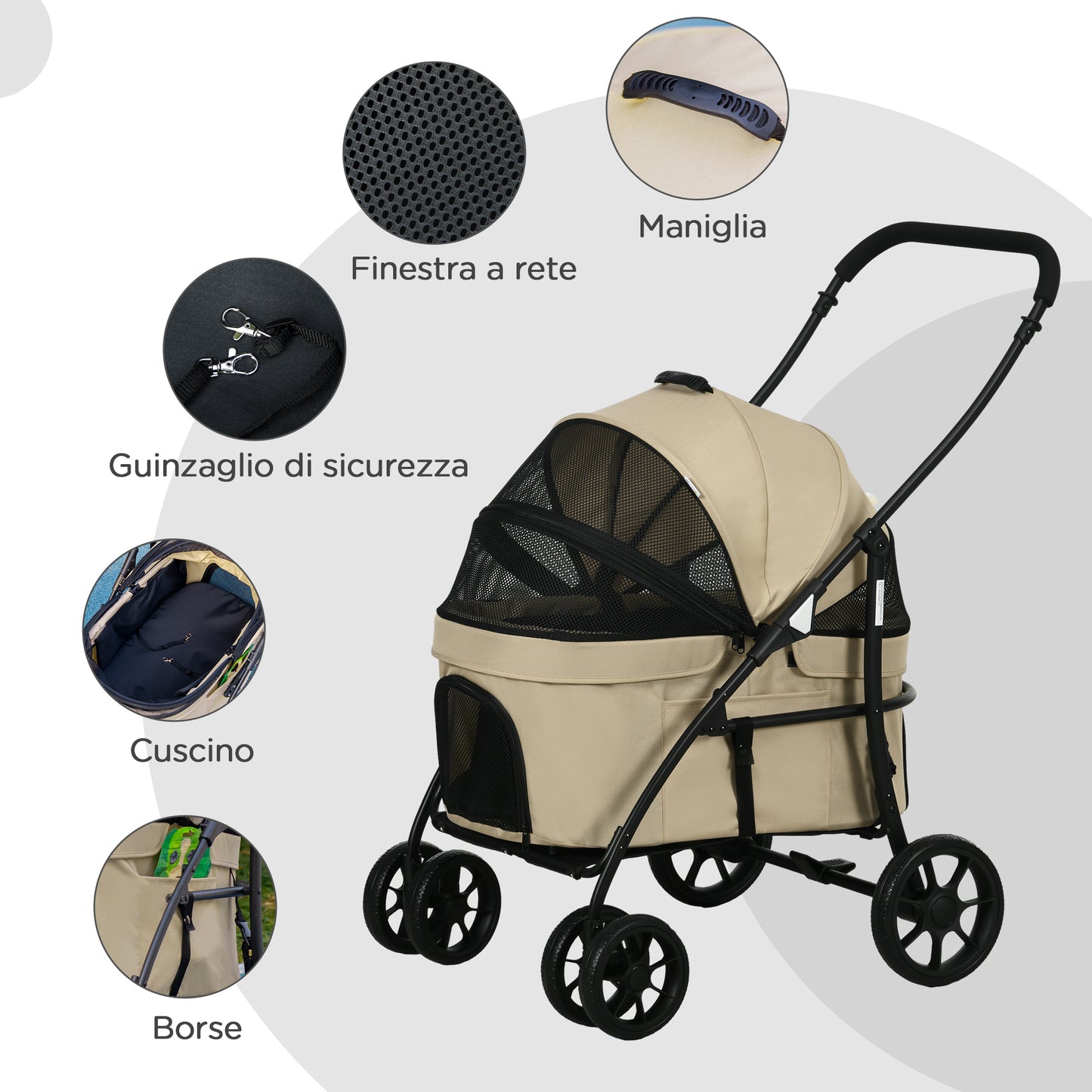 PawHut Carrito para Perros 2 en 1 Cochecito para Perros Pequeños Plegable Cochecito para Mascotas con 2 Correas de Seguridad 2 Bolsillos Laterales Cojín Lavable y Ruedas Universales Caqui