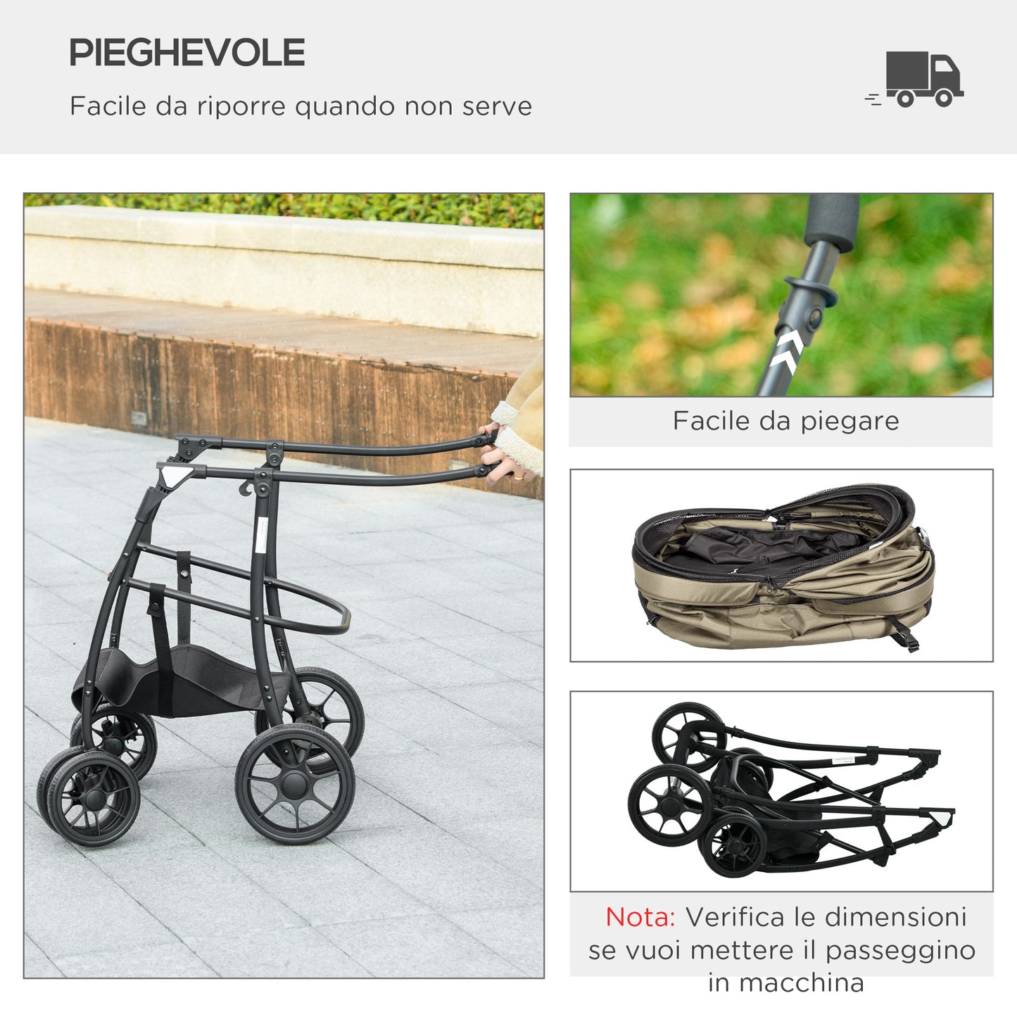 PawHut Carrito para Perros 2 en 1 Cochecito para Perros Pequeños Plegable Cochecito para Mascotas con 2 Correas de Seguridad 2 Bolsillos Laterales Cojín Lavable y Ruedas Universales Caqui