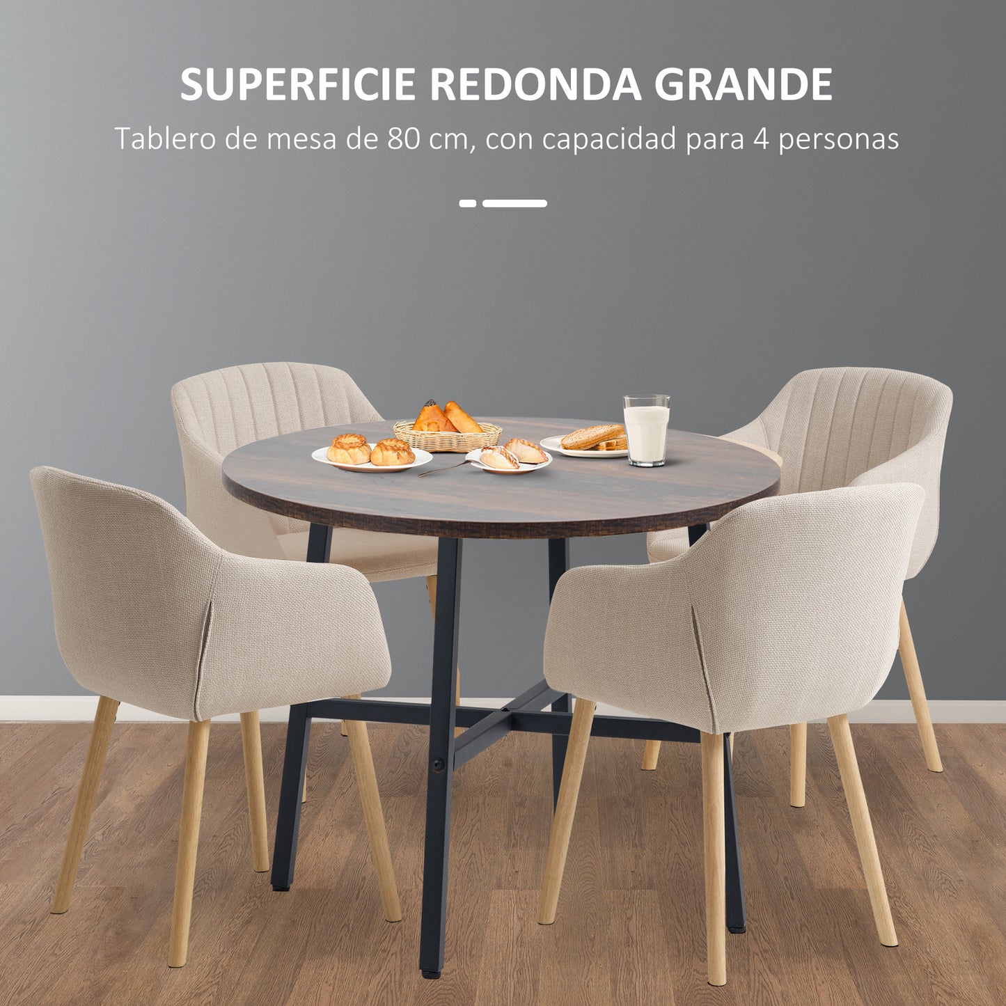 HOMCOM Mesa de Comedor Redonda para 4 Personas Mesa de Cocina con Patas de Acero para Salón Oficina Ø80x76 cm Marrón Rústico y Negro