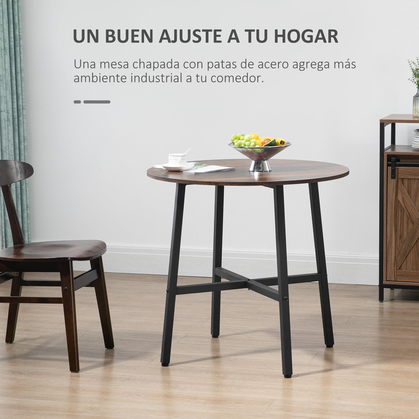 HOMCOM Mesa de Comedor Redonda para 4 Personas Mesa de Cocina con Patas de Acero para Salón Oficina Ø80x76 cm Marrón Rústico y Negro