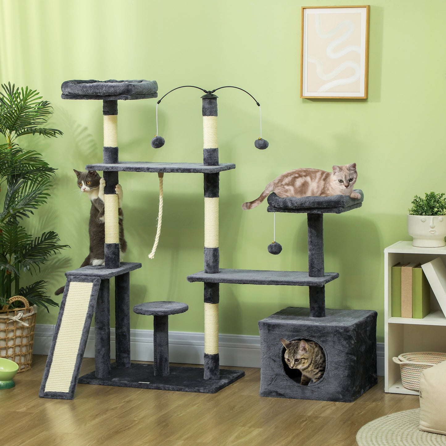 PawHut Árbol Rascador para Gatos 134 cm Torre para Gatos Rascador para Gatos con Nidos Cueva Plataformas Bolas de Juguete y Postes de Sisal Gris Oscuro