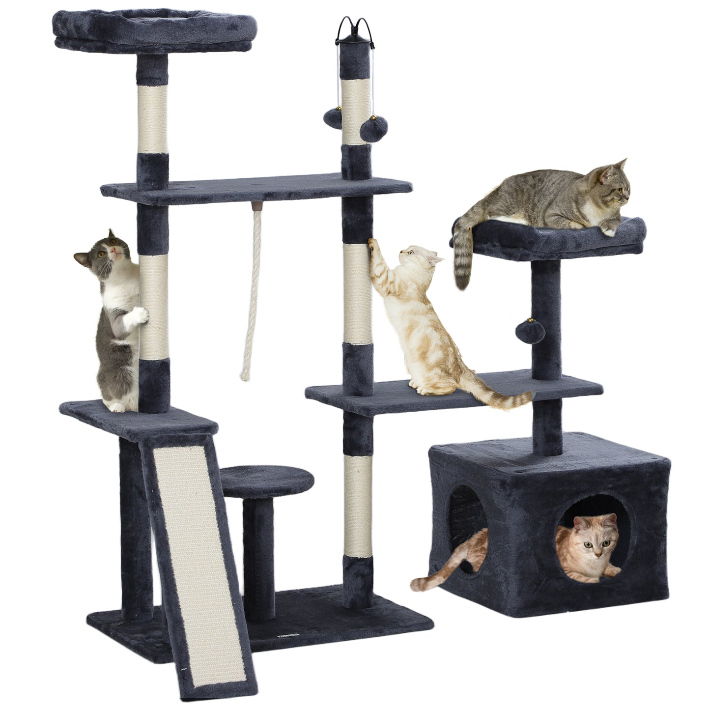 PawHut Árbol Rascador para Gatos 134 cm Torre para Gatos Rascador para Gatos con Nidos Cueva Plataformas Bolas de Juguete y Postes de Sisal Gris Oscuro