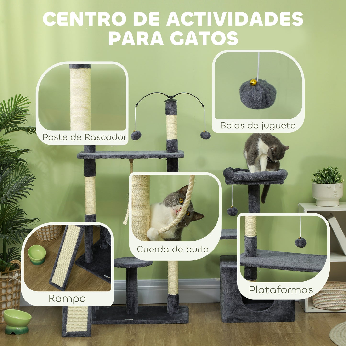 PawHut Árbol Rascador para Gatos 134 cm Torre para Gatos Rascador para Gatos con Nidos Cueva Plataformas Bolas de Juguete y Postes de Sisal Gris Oscuro