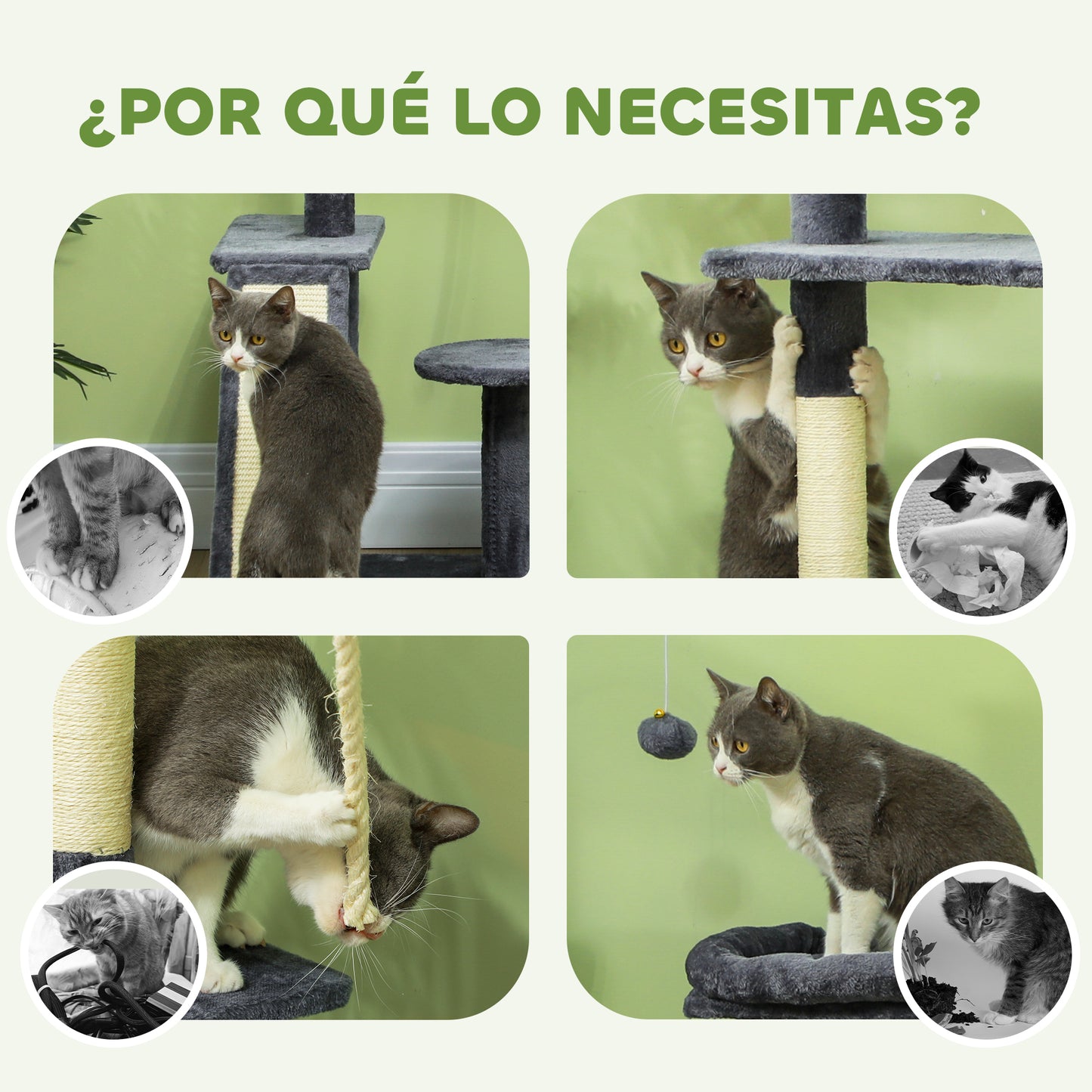 PawHut Árbol Rascador para Gatos 134 cm Torre para Gatos Rascador para Gatos con Nidos Cueva Plataformas Bolas de Juguete y Postes de Sisal Gris Oscuro