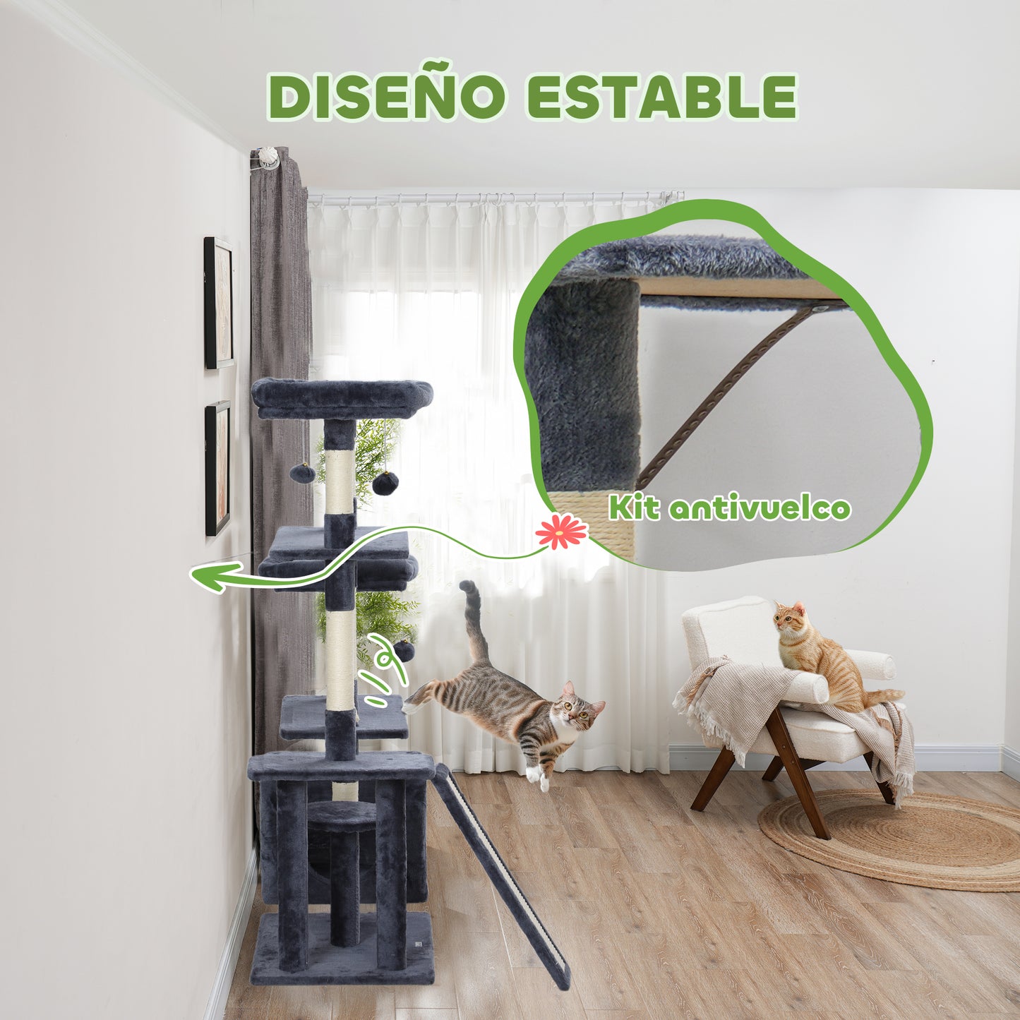 PawHut Árbol Rascador para Gatos 134 cm Torre para Gatos Rascador para Gatos con Nidos Cueva Plataformas Bolas de Juguete y Postes de Sisal Gris Oscuro