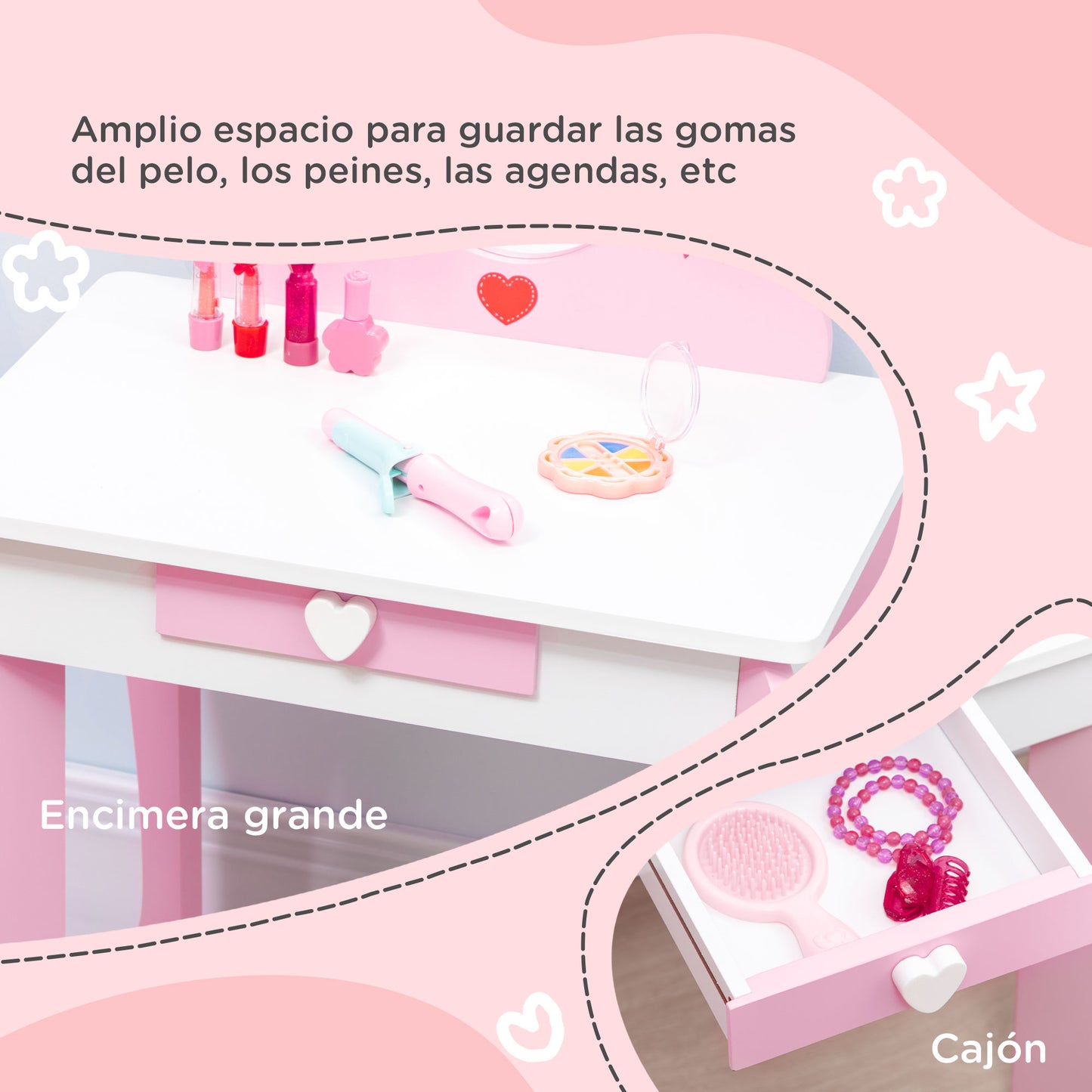 ZONEKIZ Tocador Infantil de Madera Tocador para Niñas con Taburete y Espejo Tocador de Maquillaje para Niñas de 3-6 Años con Cajón 50x36,5x89,5 cm Rosa