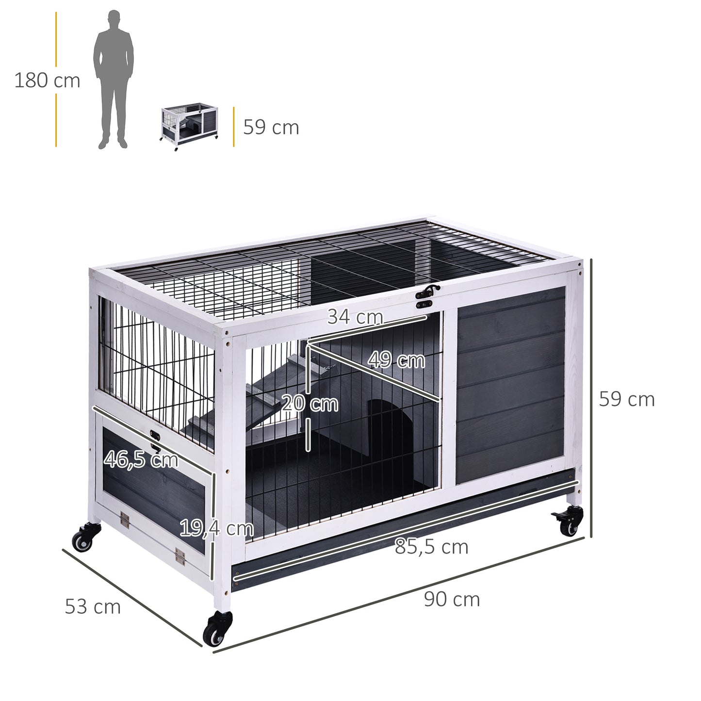 PawHut Jaula para Conejos de Madera 90x53x59 cm Conejera para Mascotas Pequeñas Portátil Interior con Techo Abrible Rampa Bandeja Extraíble para Conejillos de Indias Gris y Blanco