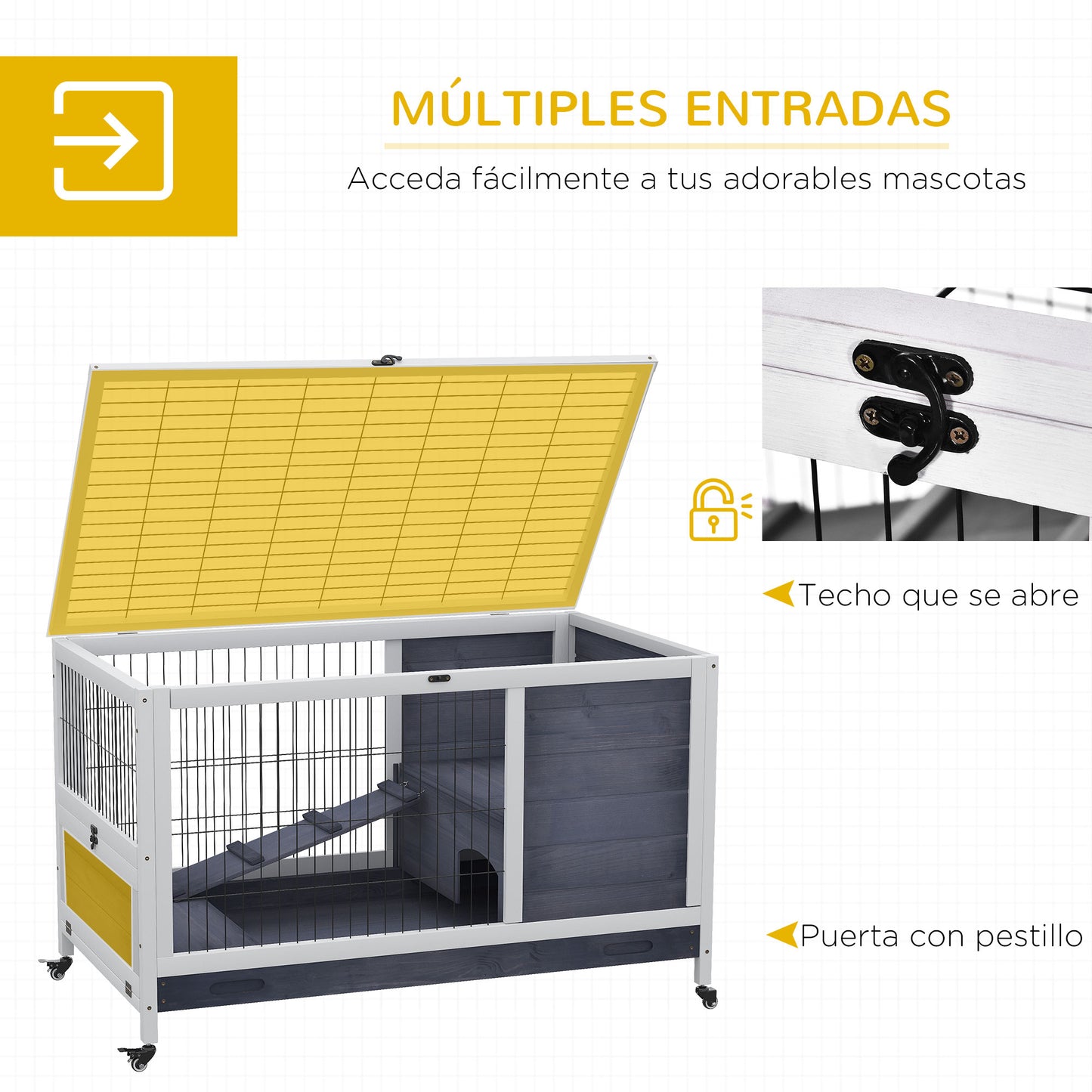 PawHut Jaula para Conejos de Madera 90x53x59 cm Conejera para Mascotas Pequeñas Portátil Interior con Techo Abrible Rampa Bandeja Extraíble para Conejillos de Indias Gris y Blanco