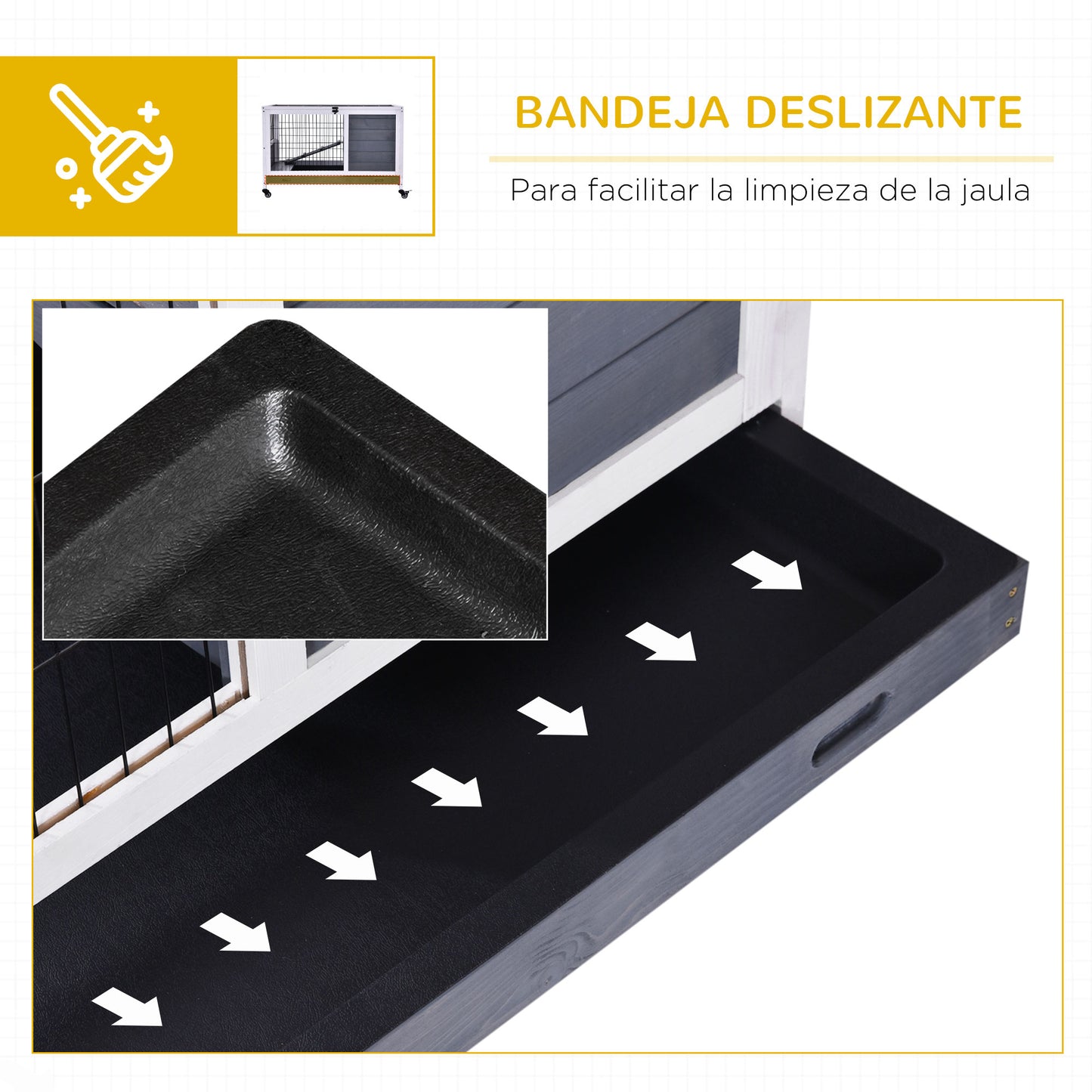 PawHut Jaula para Conejos de Madera 90x53x59 cm Conejera para Mascotas Pequeñas Portátil Interior con Techo Abrible Rampa Bandeja Extraíble para Conejillos de Indias Gris y Blanco