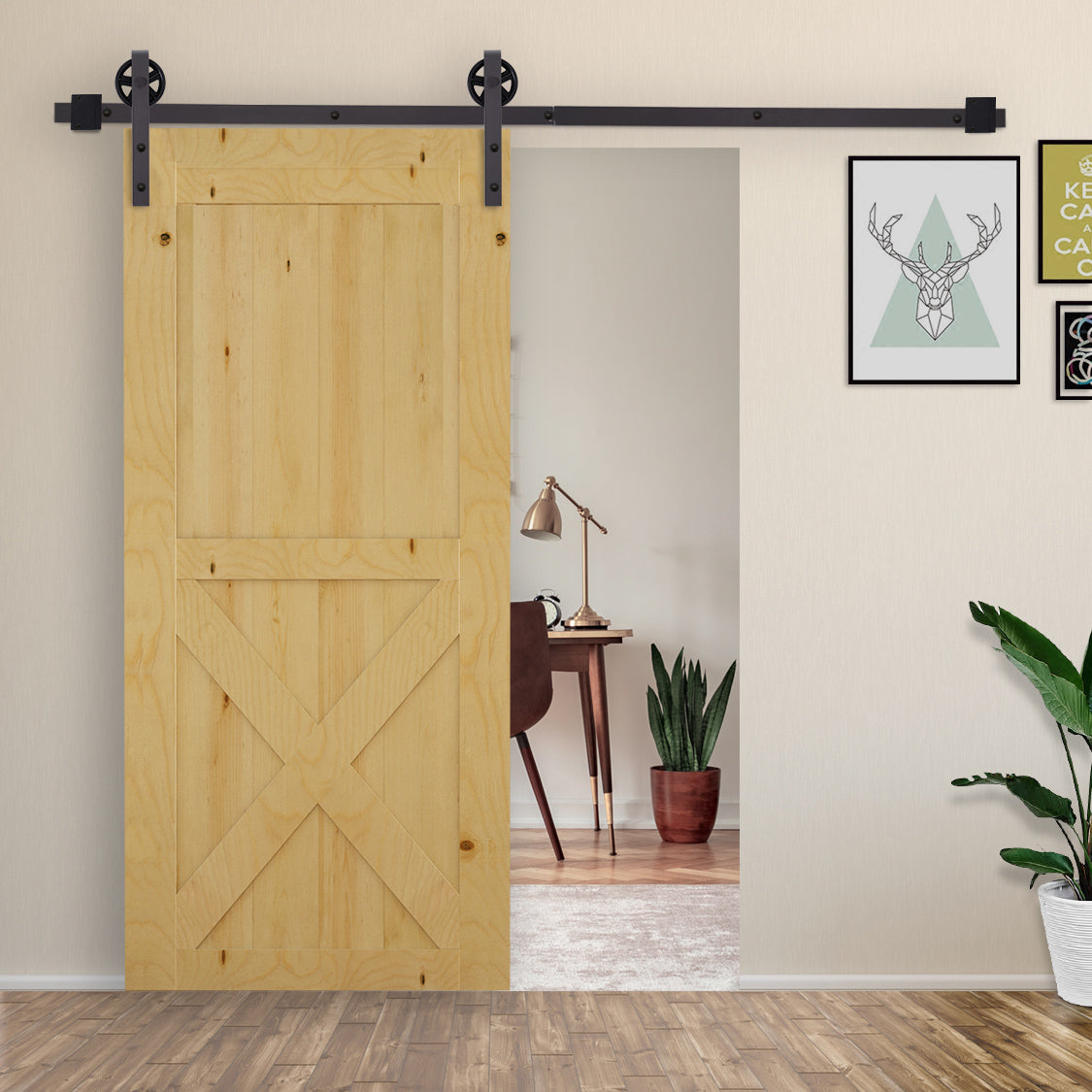 HOMCOM 6FT/183cm Herraje para Puerta Corredera Kit de Accesorios para Puerta Corrediza de Madera con Guía de Suelo Riel de Acero al Carbono Café Oscuro