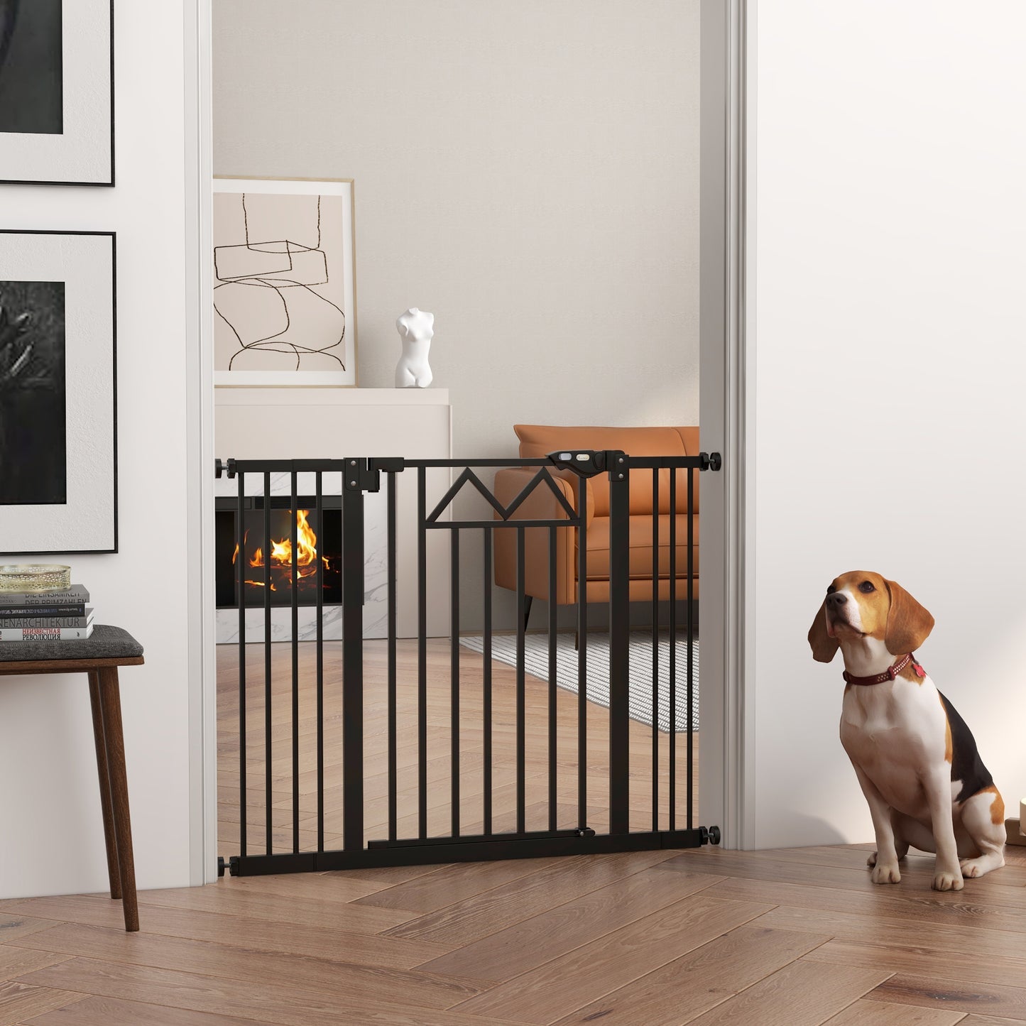 PawHut Barrera de Seguridad Extensible Barrera para Mascotas con Cierre Automático Sistema de Doble Bloqueo y 2 Extensiones para Puerta Pasillo Escalera 74-100x76 cm Negro