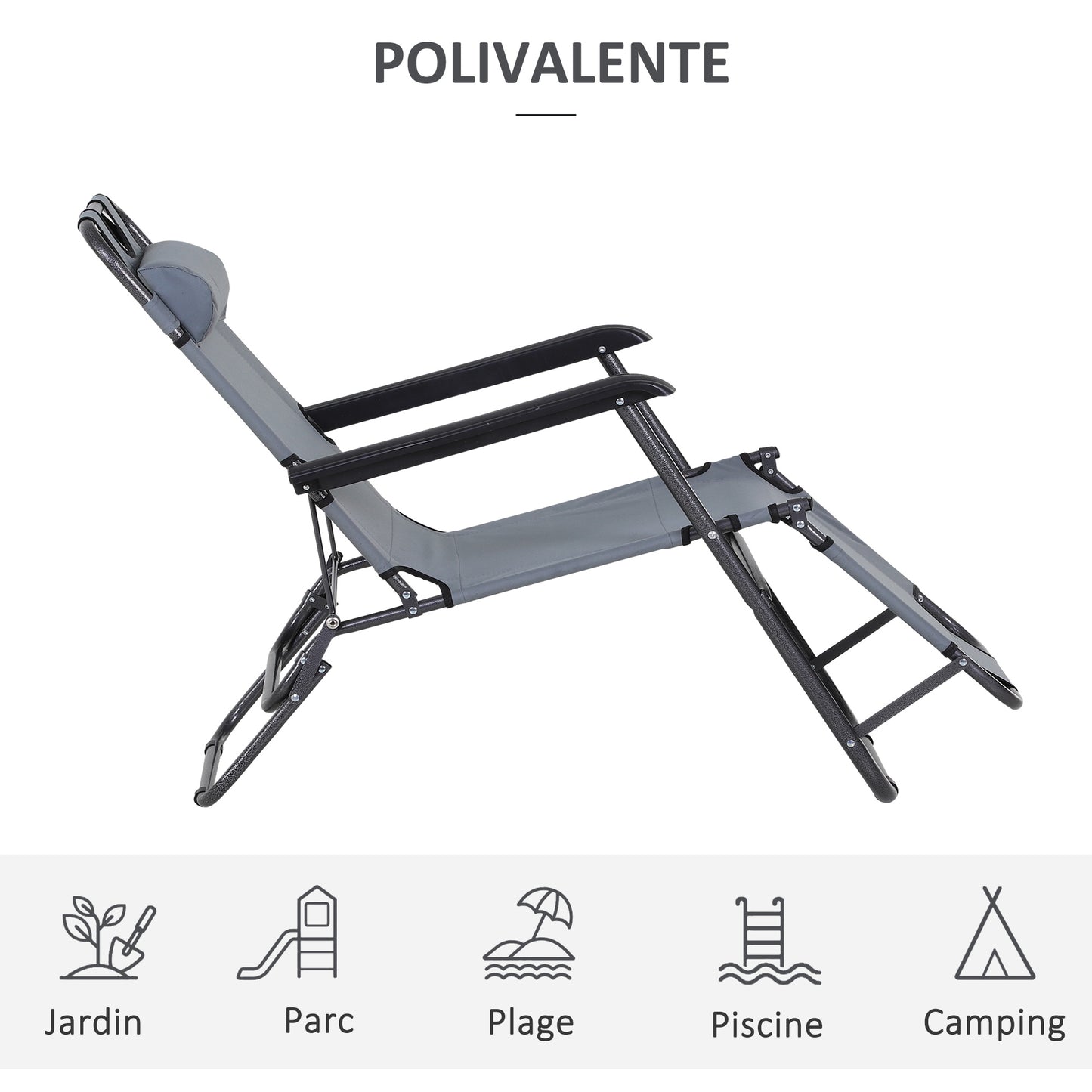 Outsunny Tumbona Reclinable y Plegable Tumbona de Jardín con Respaldo Ajustable en 2 Niveles Reposacabezas y Bolsillo Silla Tumbona para Terraza Carga 136 kg 118x60x80 cm Gris