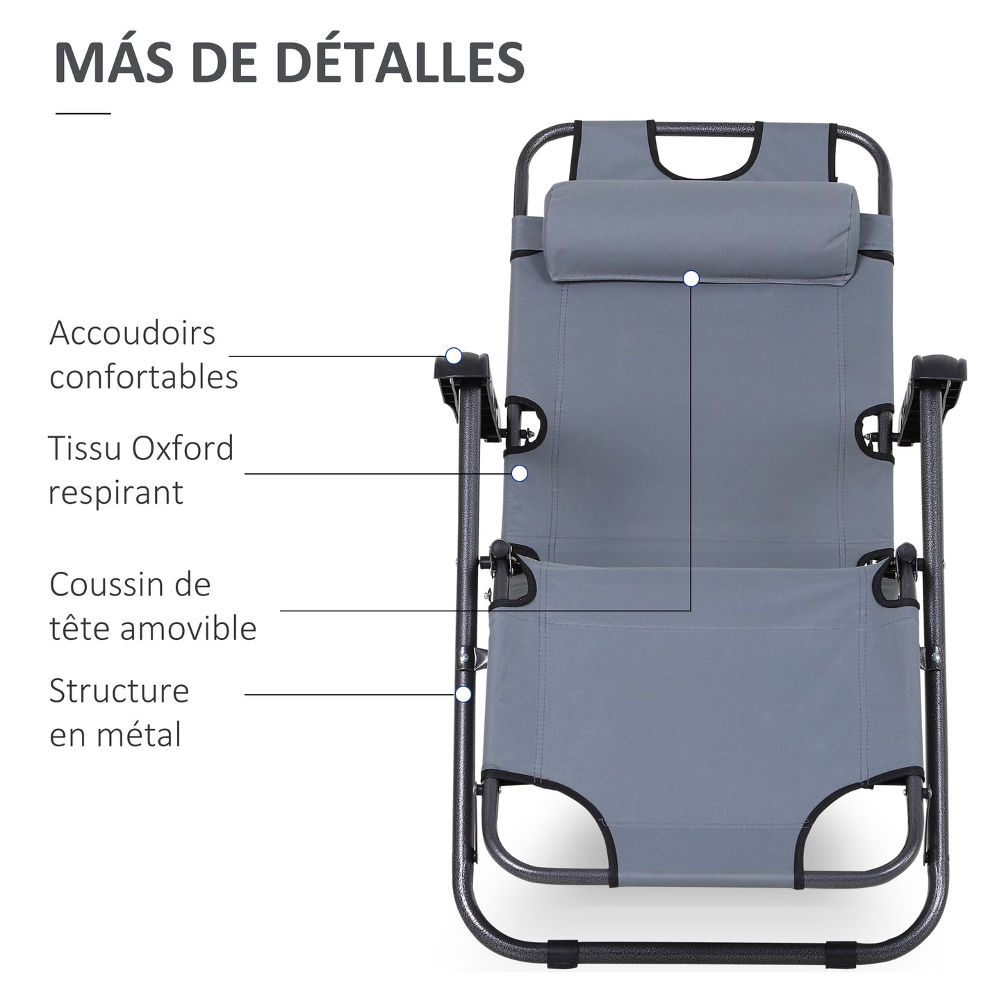 Outsunny Tumbona Reclinable y Plegable Tumbona de Jardín con Respaldo Ajustable en 2 Niveles Reposacabezas y Bolsillo Silla Tumbona para Terraza Carga 136 kg 118x60x80 cm Gris