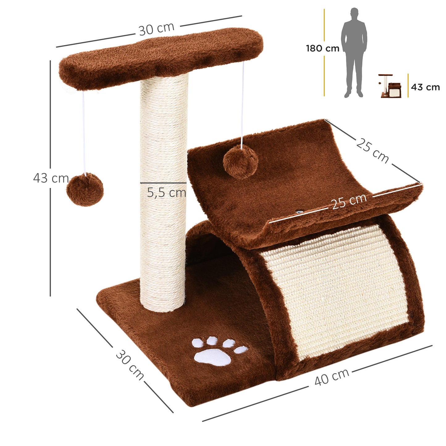 PawHut Rascador para Gatos Árbol Rascador Centro de Actividad Poste Giratorio con Bolas de Juego Plataforma Caseta 40x30x43cm Sisal Natural