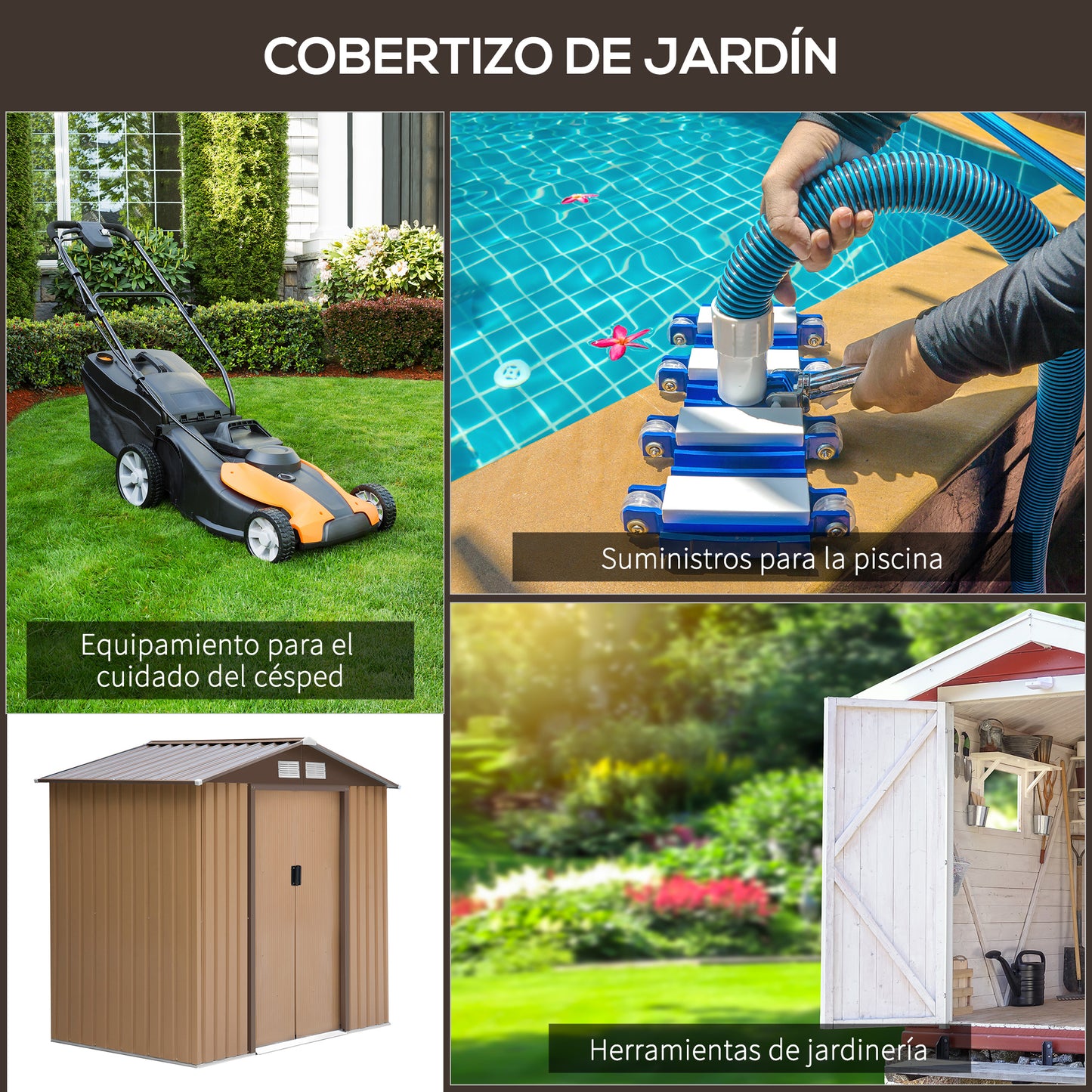 Outsunny Cobertizo de Jardín con Base 213x130x185 cm Caseta de Jardín Exterior con 2 Puertas Correderas y 4 Ventanas para Almacenamiento de Herramientas Caqui