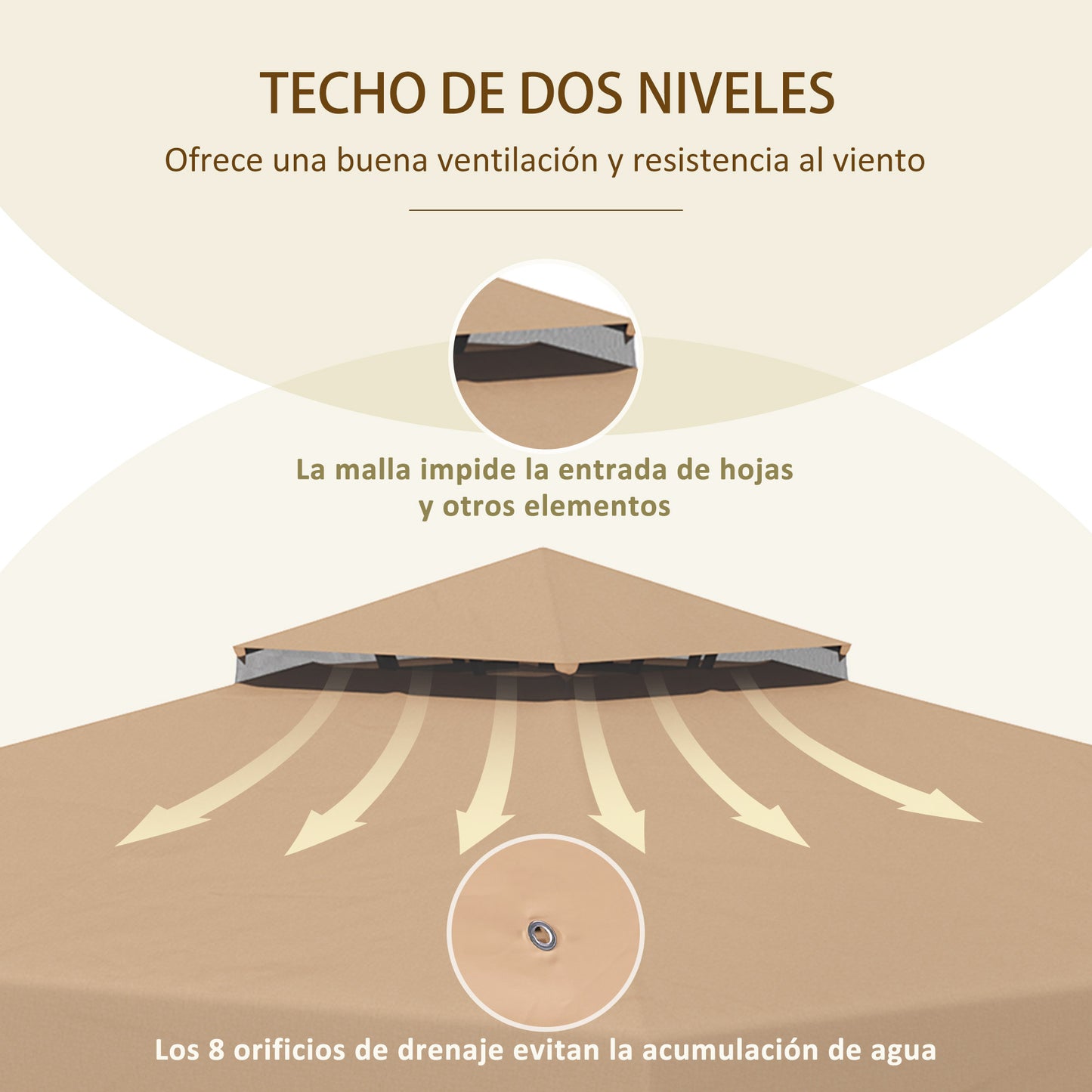 Outsunny Techo de Repuesto para Cenador con Doble Techo 3x3 m Cubierta de Repuesto para Pabellón Gazebo Exterior con 8 Orificios de Drenaje Caqui