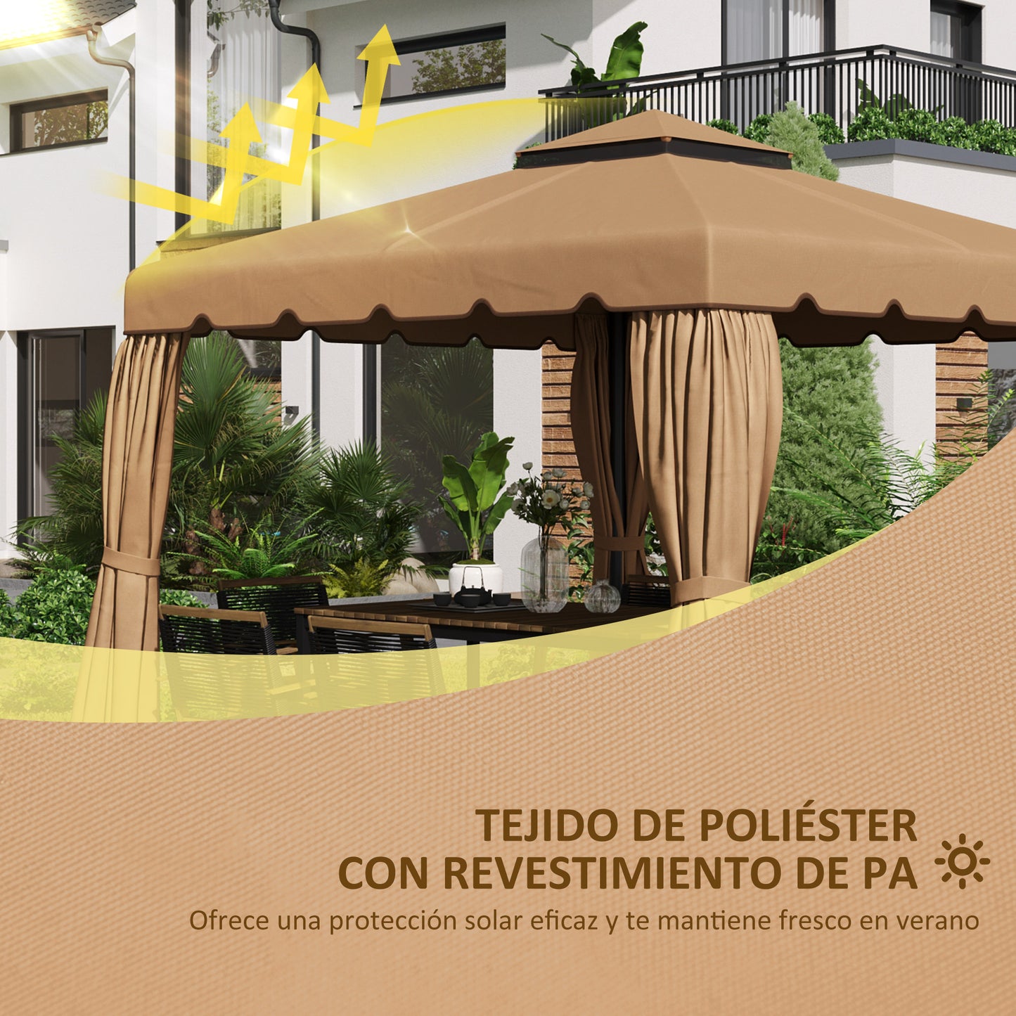 Outsunny Techo de Repuesto para Cenador con Doble Techo 3x3 m Cubierta de Repuesto para Pabellón Gazebo Exterior con 8 Orificios de Drenaje Caqui