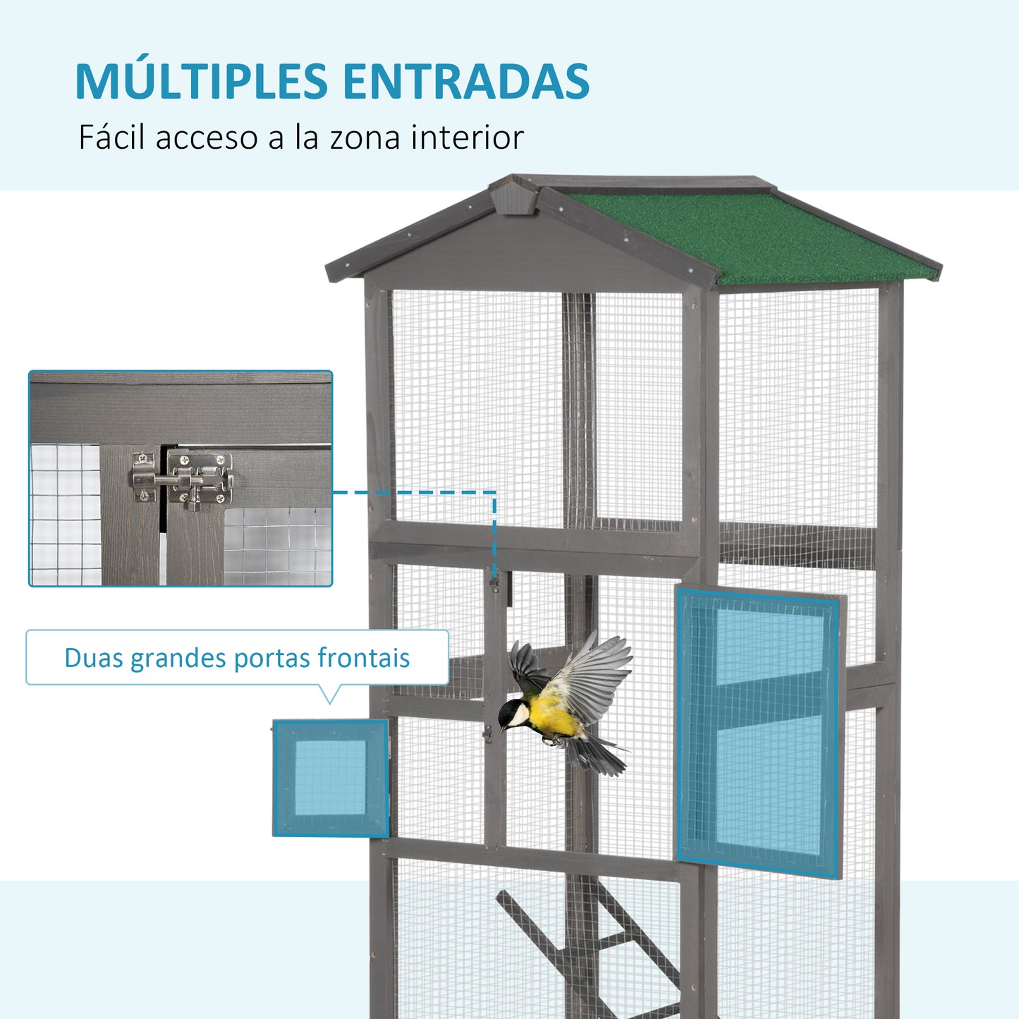 PawHut Jaula para Pájaros Grande 68x63x165 cm Pajarera de Madera de Abeto con 2 Puertas Bandeja Extraíble y Techo Asfáltico Gris Claro