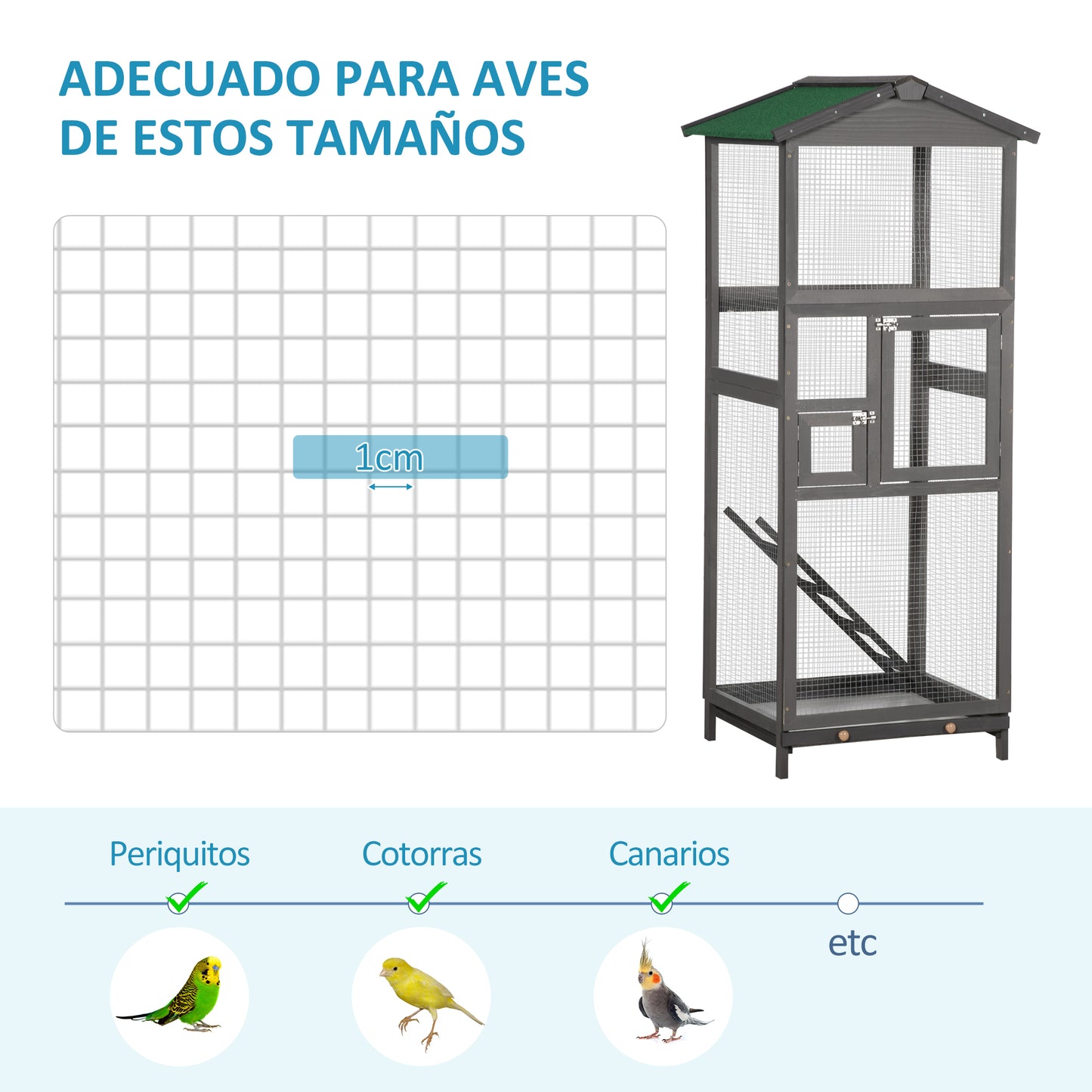 PawHut Jaula para Pájaros Grande 68x63x165 cm Pajarera de Madera de Abeto con 2 Puertas Bandeja Extraíble y Techo Asfáltico Gris Claro