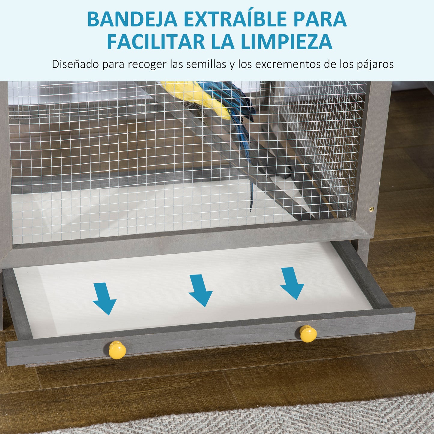 PawHut Jaula para Pájaros Grande 68x63x165 cm Pajarera de Madera de Abeto con 2 Puertas Bandeja Extraíble y Techo Asfáltico Gris Claro