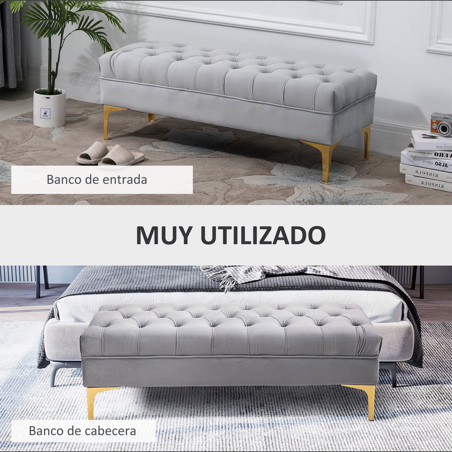 HOMCOM Banco Pie de Cama Taburete Pie de Cama con Asiento Acolchado y Patas Metálicas Banqueta de Dormitorio para Entrada Pasillo Carga 120 kg 118x45x42 cm Gris