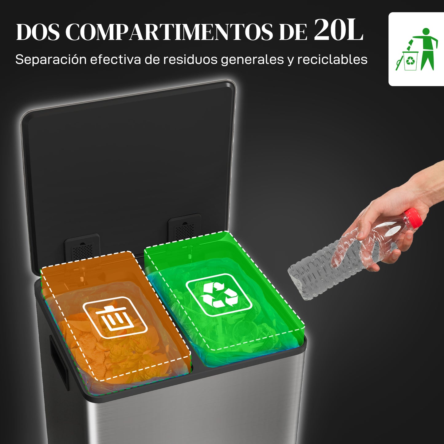 HOMCOM Cubo de Basura de Cocina con 2 Compartimentos 2x20L Papelera de Cocina de Acero Inoxidable con Pedal Tapa de Cierre Suave y Cubo Extraíble para Dormitorio Oficina Salón Plata