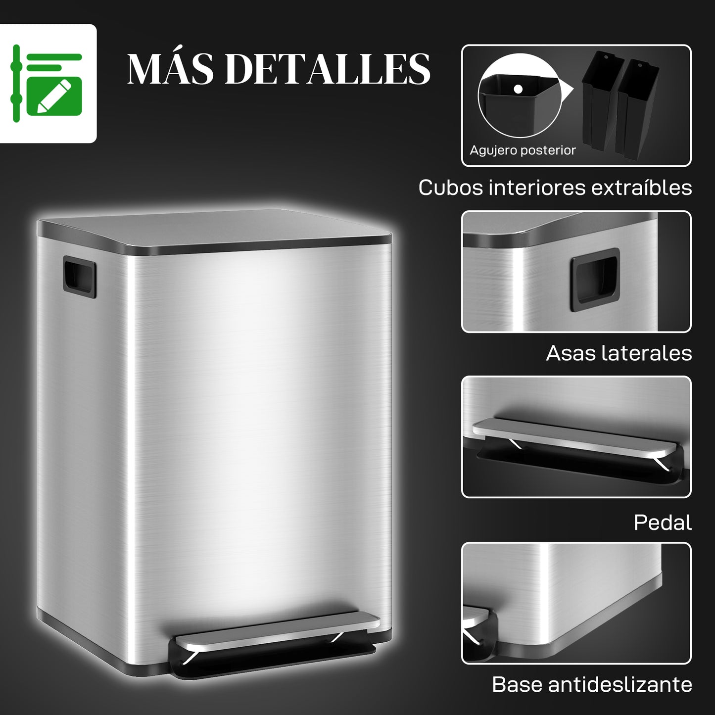 HOMCOM Cubo de Basura de Cocina con 2 Compartimentos 2x20L Papelera de Cocina de Acero Inoxidable con Pedal Tapa de Cierre Suave y Cubo Extraíble para Dormitorio Oficina Salón Plata