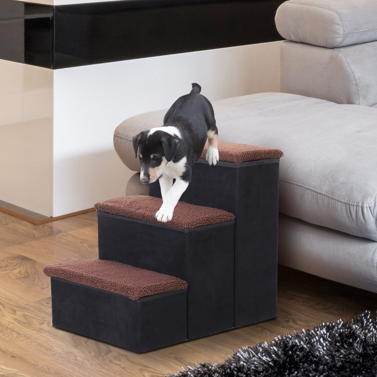 PawHut Escalera para Mascotas de 3 Peldaños Plegable con Tapas Abatibles y Espacio de Almacenamiento 3 Escalones de Perros Gatos Pequeños para Cama Sofá 40x54x48 cm Negro