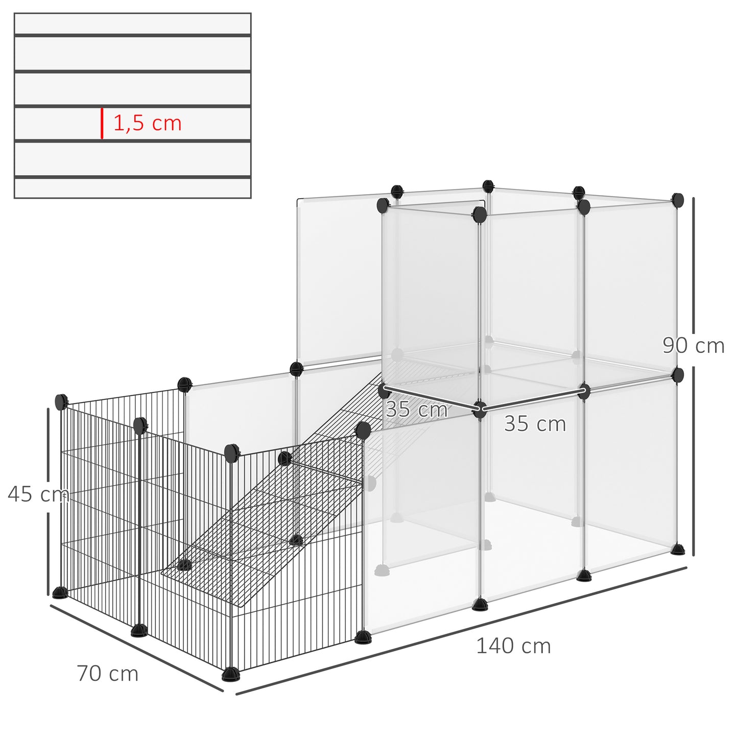 PawHut Valla para Animales Pequeños DIY con 21 Paneles de Resina y 6 Paneles de Alambre Jaula Modular de Plástico para Cobayas Conejos 140x70x90 cm Translúcido y Negro