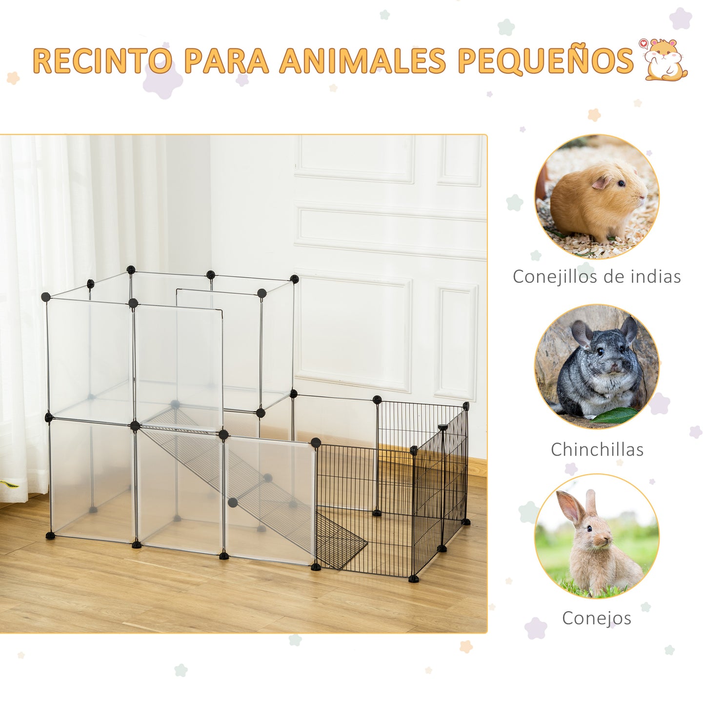 PawHut Valla para Animales Pequeños DIY con 21 Paneles de Resina y 6 Paneles de Alambre Jaula Modular de Plástico para Cobayas Conejos 140x70x90 cm Translúcido y Negro