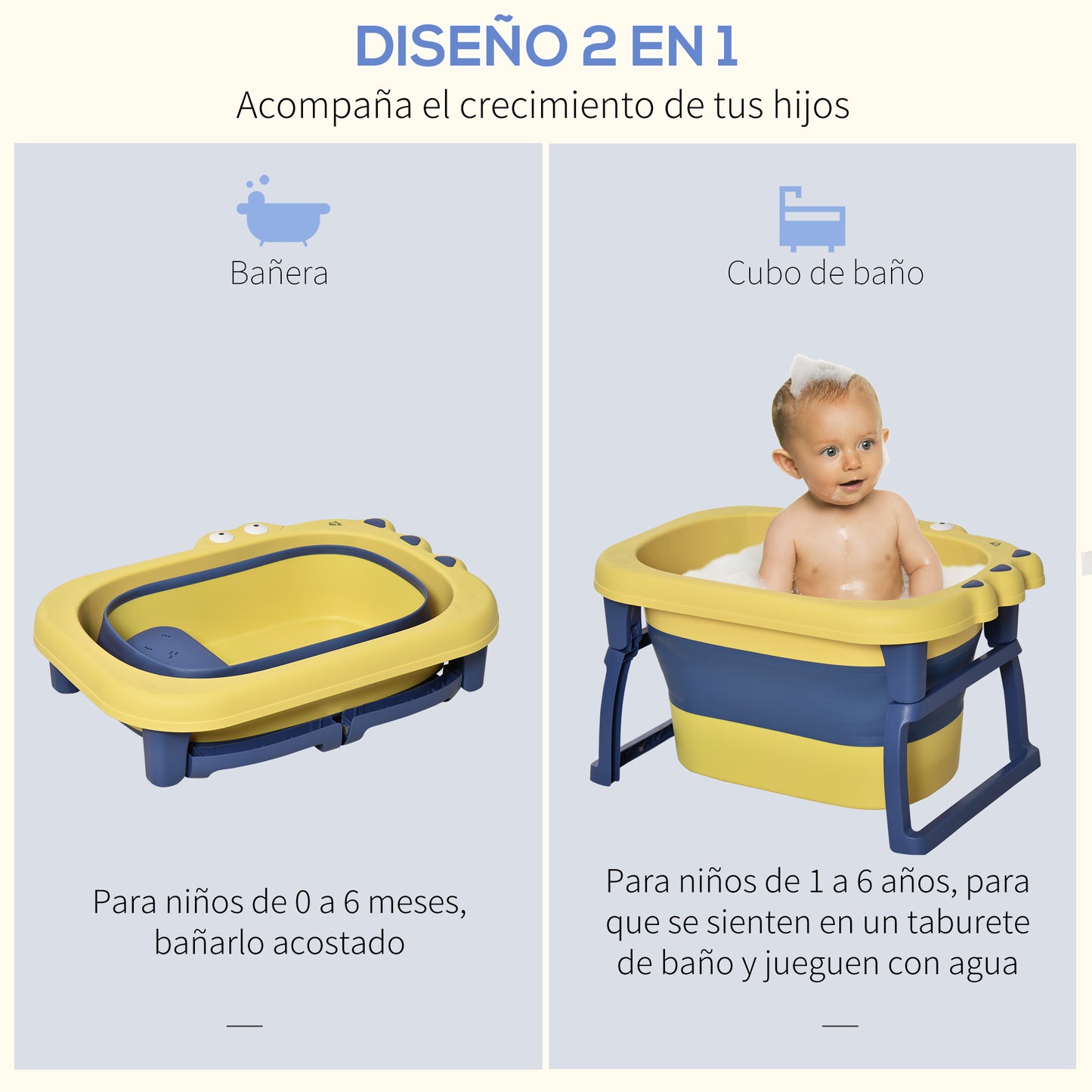 HOMCOM Bañera Plegable para Bebé de 0-3 Años Capacidad 105L Bañera Portátil para Niños con Patas Antideslizantes y Orificio de Drenaje Carga 50 kg 75,3x55,4x43 cm Amarillo y Azul