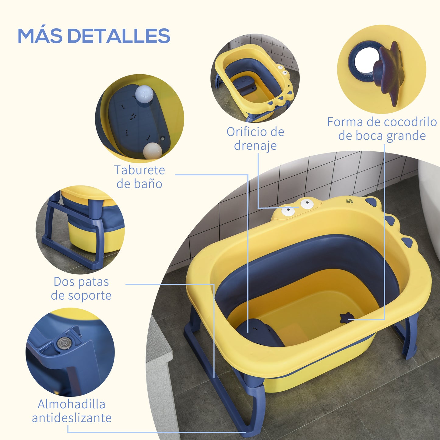 HOMCOM Bañera Plegable para Bebé de 0-3 Años Capacidad 105L Bañera Portátil para Niños con Patas Antideslizantes y Orificio de Drenaje Carga 50 kg 75,3x55,4x43 cm Amarillo y Azul