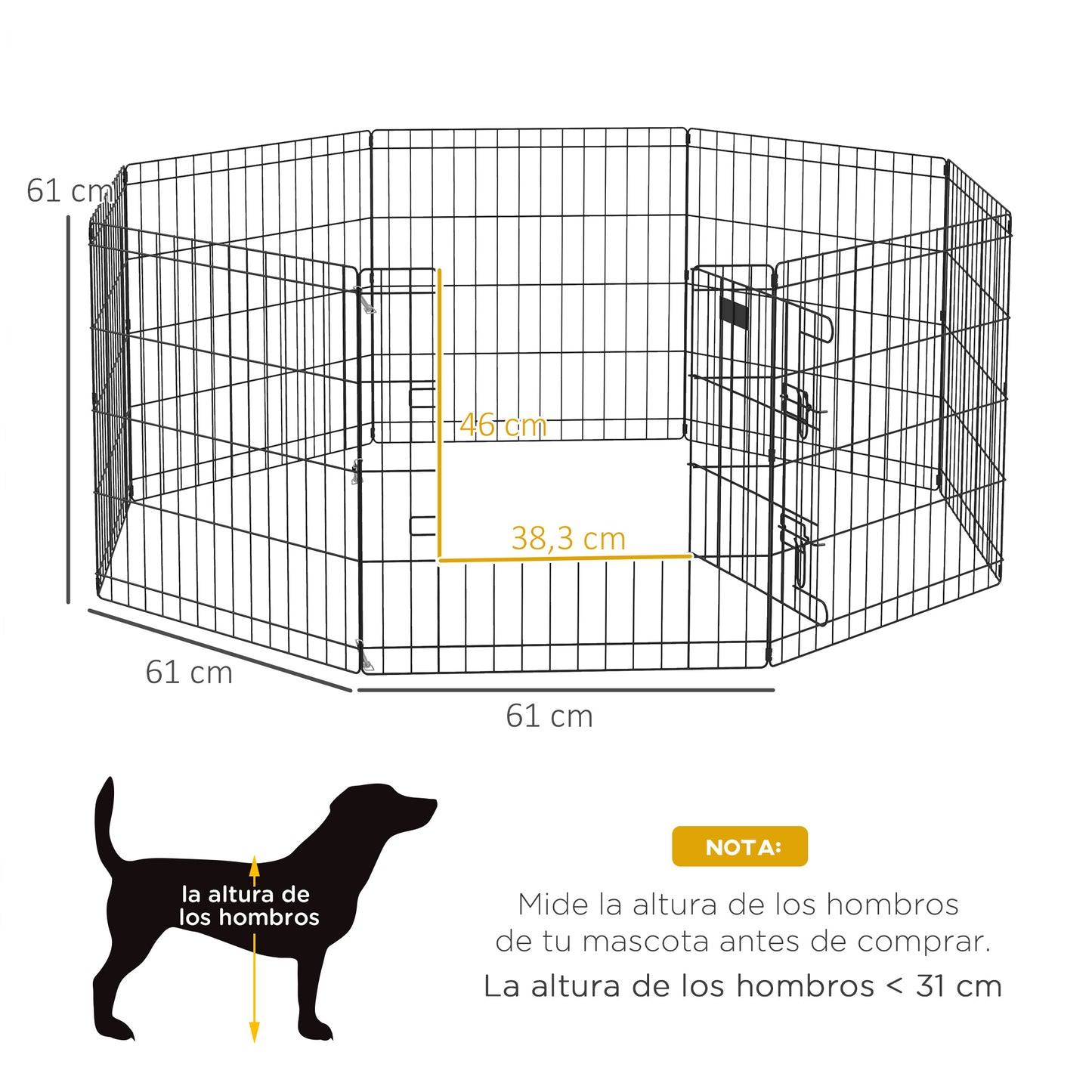 PawHut Parque de Juegos para Perros 8 Paneles Plegables Jaula Metálica para Mascotas con Puerta y Doble Cerradura para Jardín Patio Exterior Negro