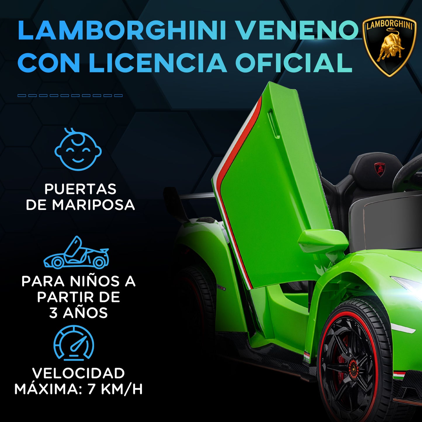 HOMCOM Coche Eléctrico Lamborghini para Niños de 3 a 6 Años Coche de Batería 12V Velocidad Max.7 km/h Puerta de Tijera con Control Remoto MP3 Luces y Cinturón de Seguridad 111x61x45 cm Verde