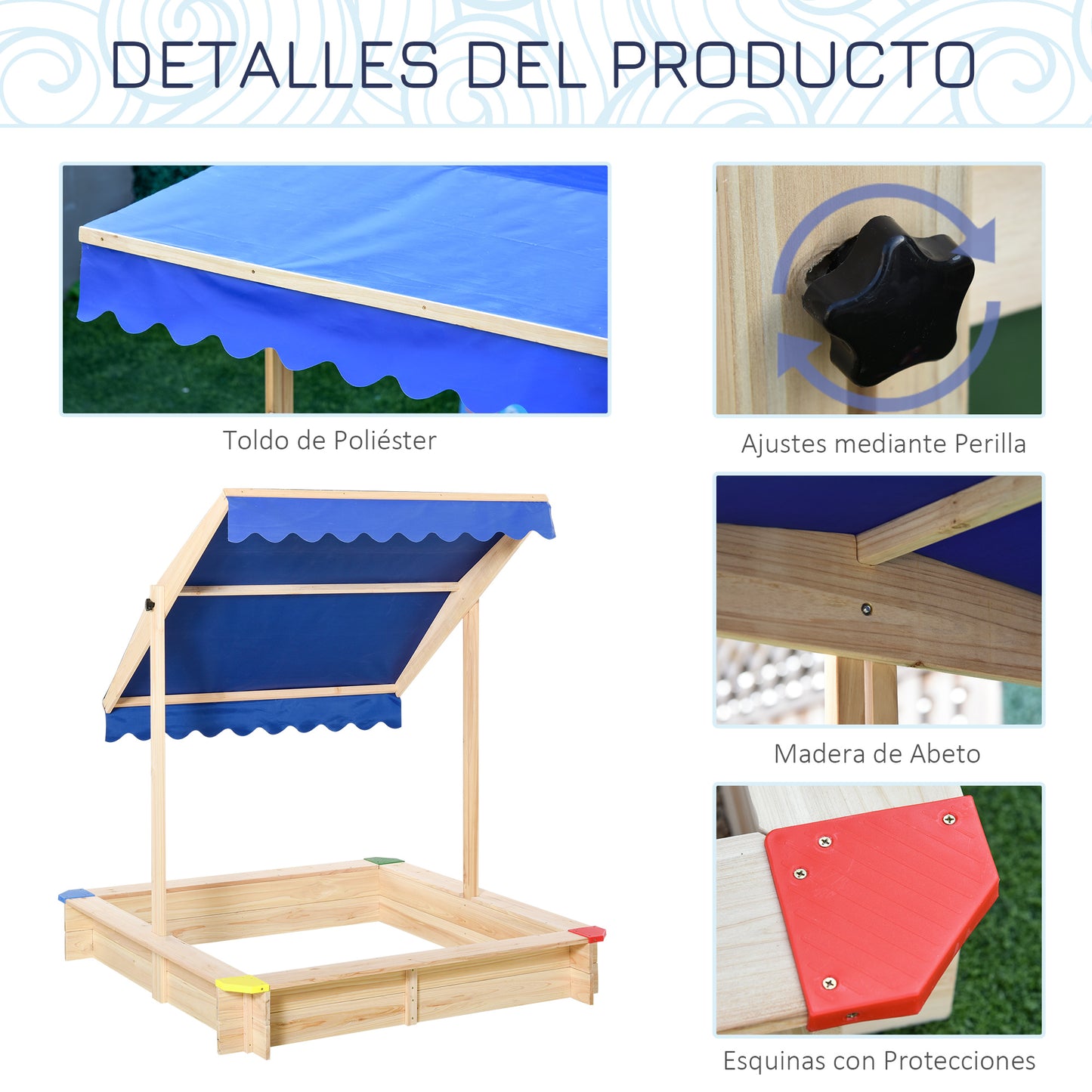 Outsunny Arenero de Madera para Niños con Techo Cajón de Arena Toldo Ajustable Espacioso 120x120x120 cm para Jardín Exterior al Aire Libre Color Madera Natural