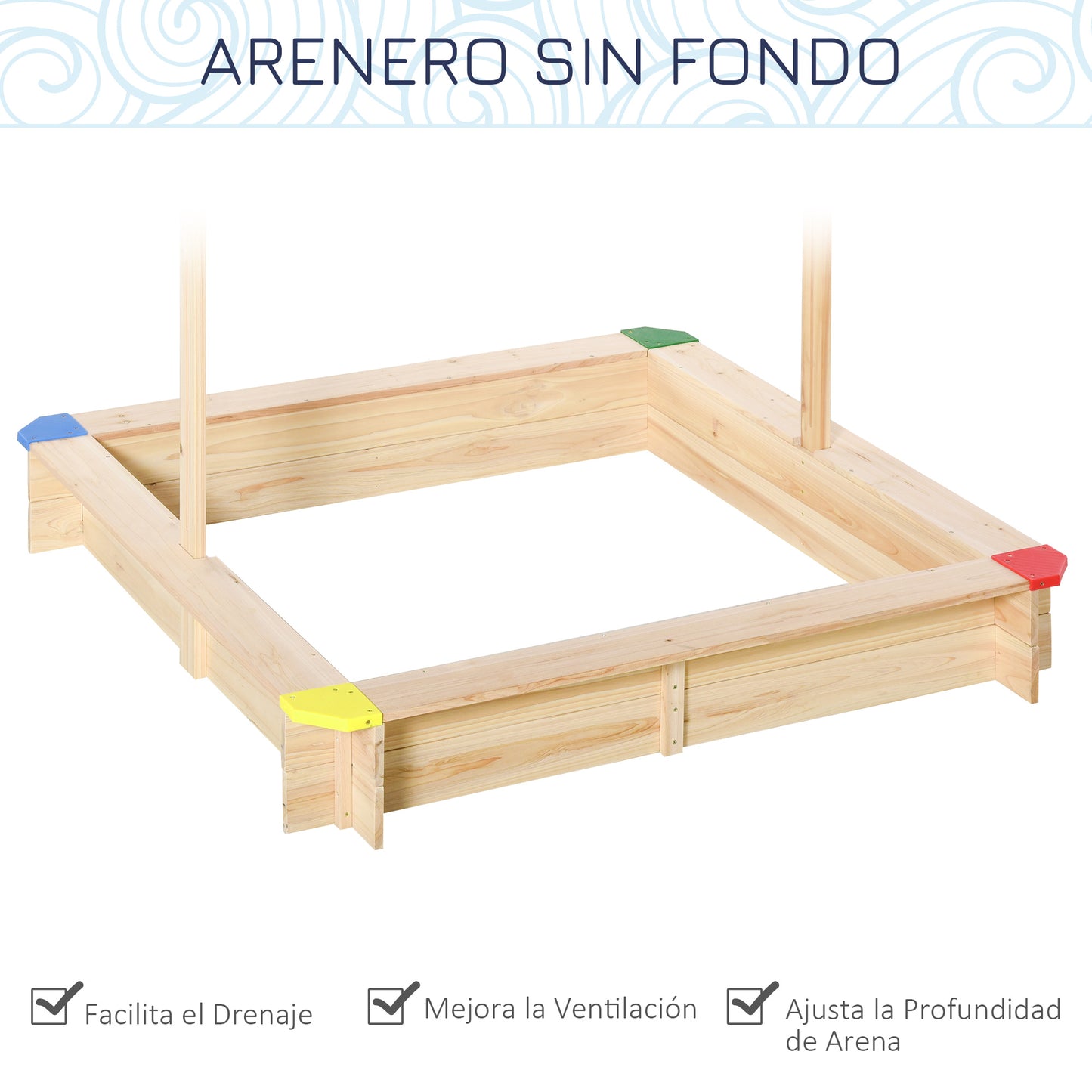 Outsunny Arenero de Madera para Niños con Techo Cajón de Arena Toldo Ajustable Espacioso 120x120x120 cm para Jardín Exterior al Aire Libre Color Madera Natural