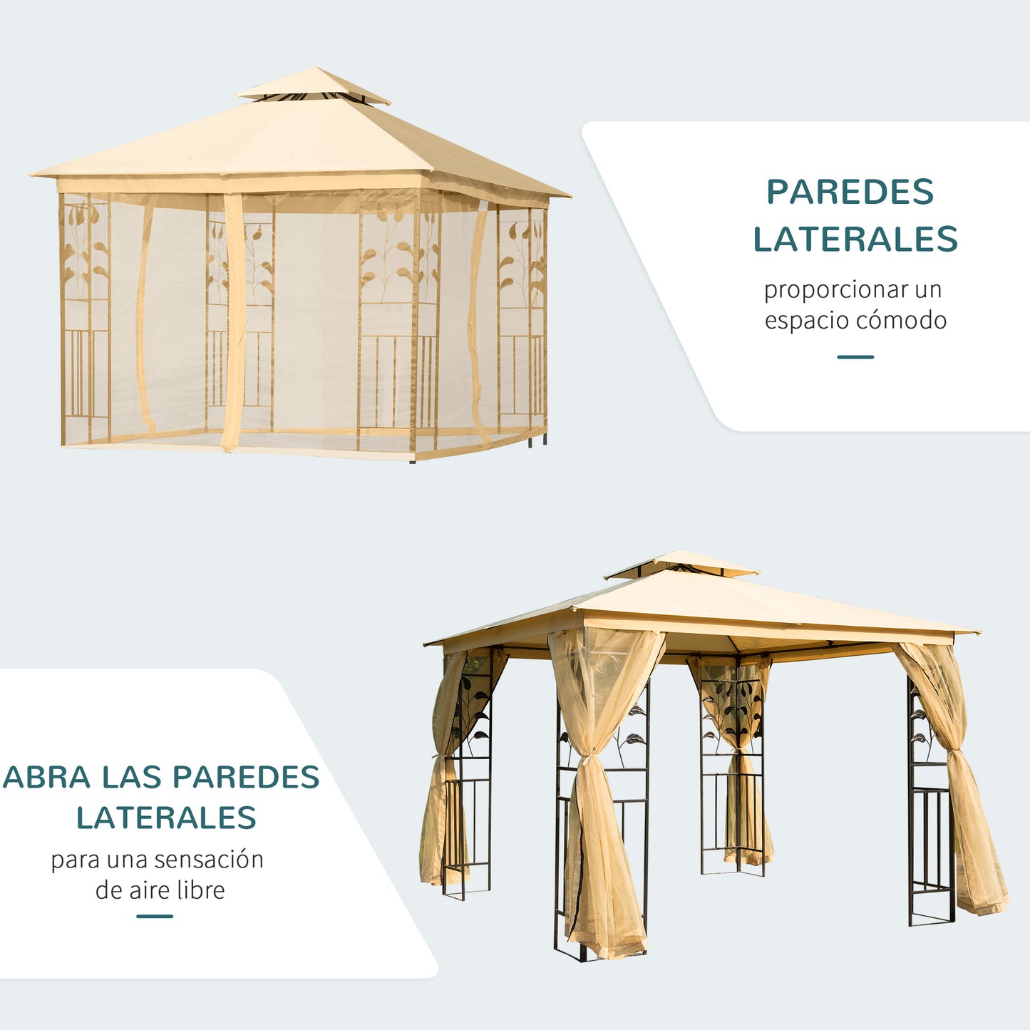 Outsunny Cenador de Jardín 3x3x2,8 m Gazebo Carpas para Exterior Grandes con Doble Techo Mosquiteras y Marco de Acero para Patio Fiesta Beige