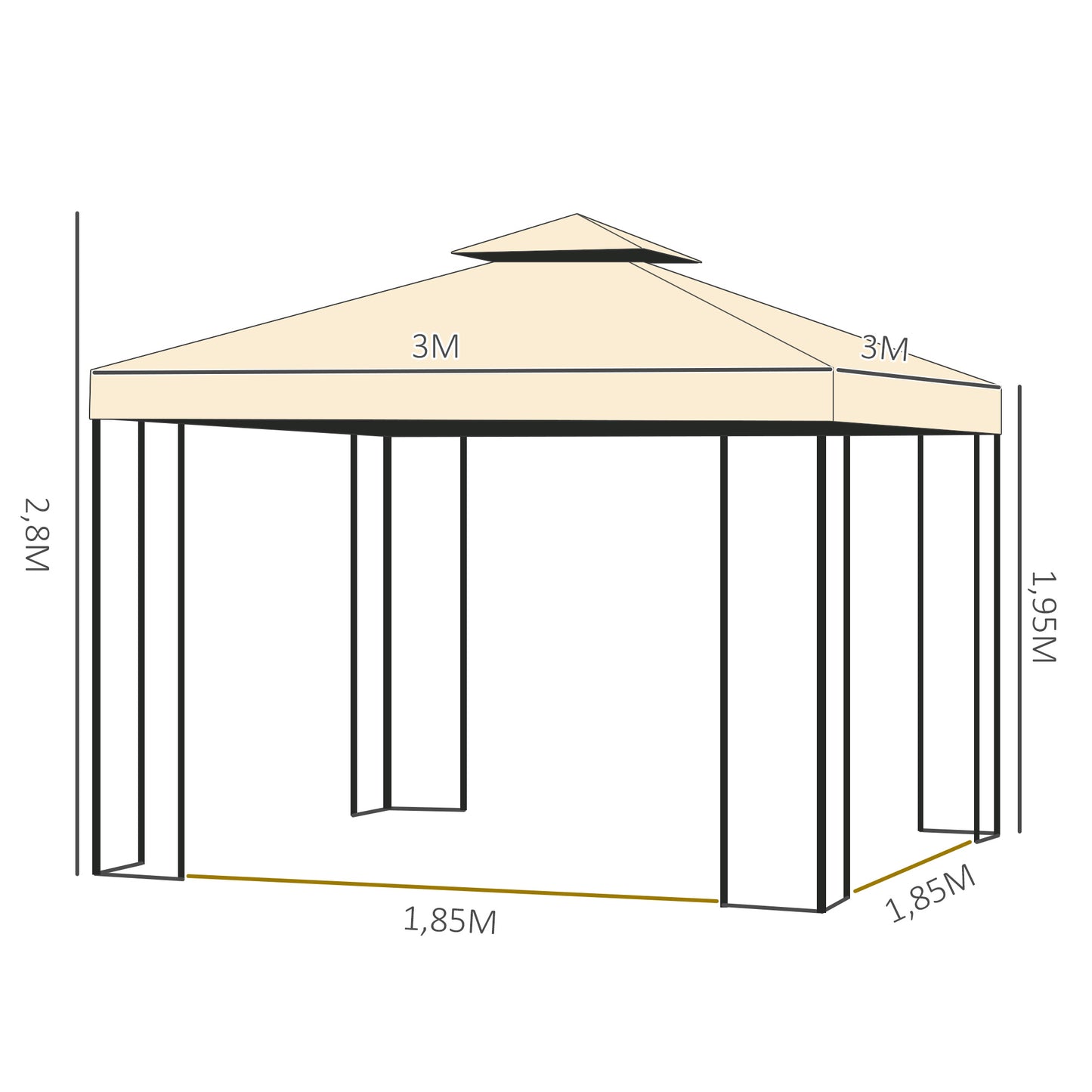 Outsunny Cenador de Jardín 3x3x2,8 m Gazebo Carpas para Exterior Grandes con Doble Techo Mosquiteras y Marco de Acero para Patio Fiesta Beige