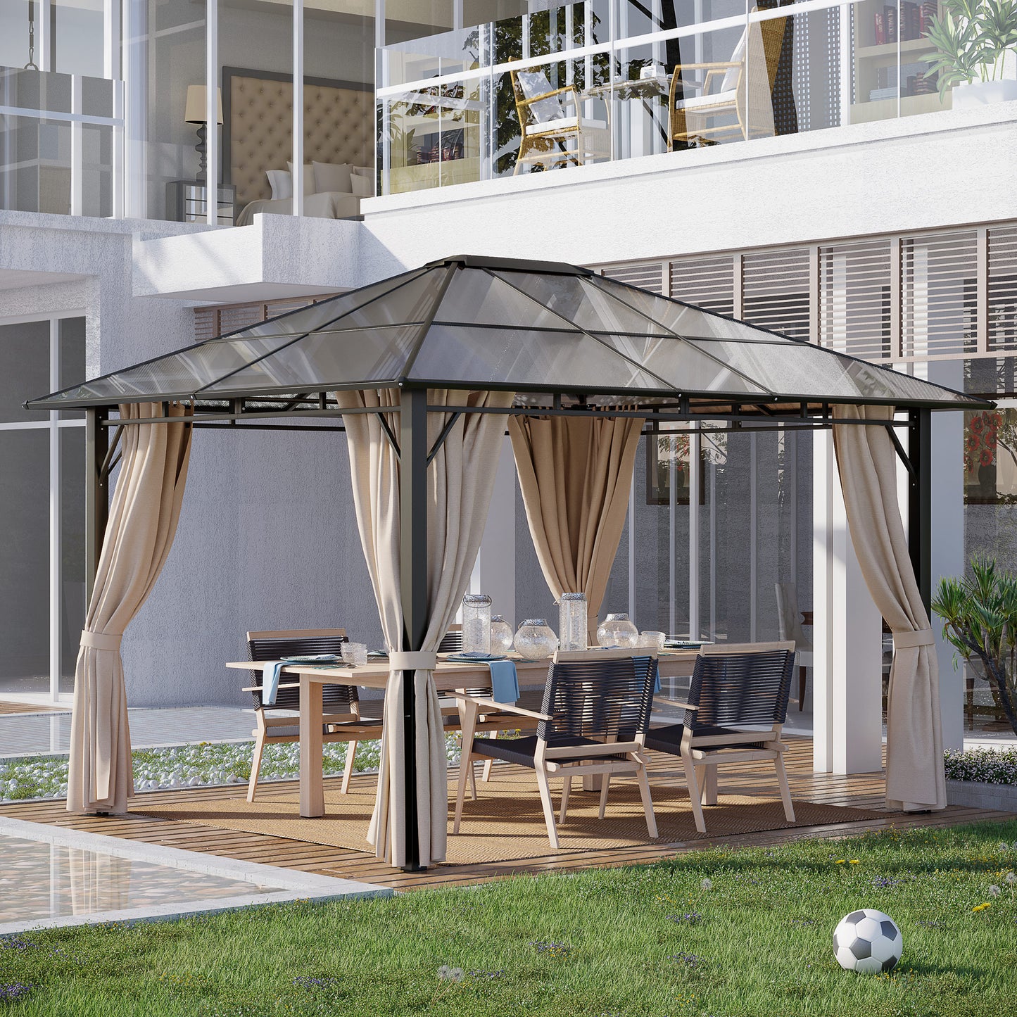 Outsunny Cenador de Jardín 3,65x3 m Pabellón de Acero con Techo de Policarbonato de 6 mm Protección UV 50+ y 4 Cortinas Laterales de Cremallera Gazebo para Fiestas Beige